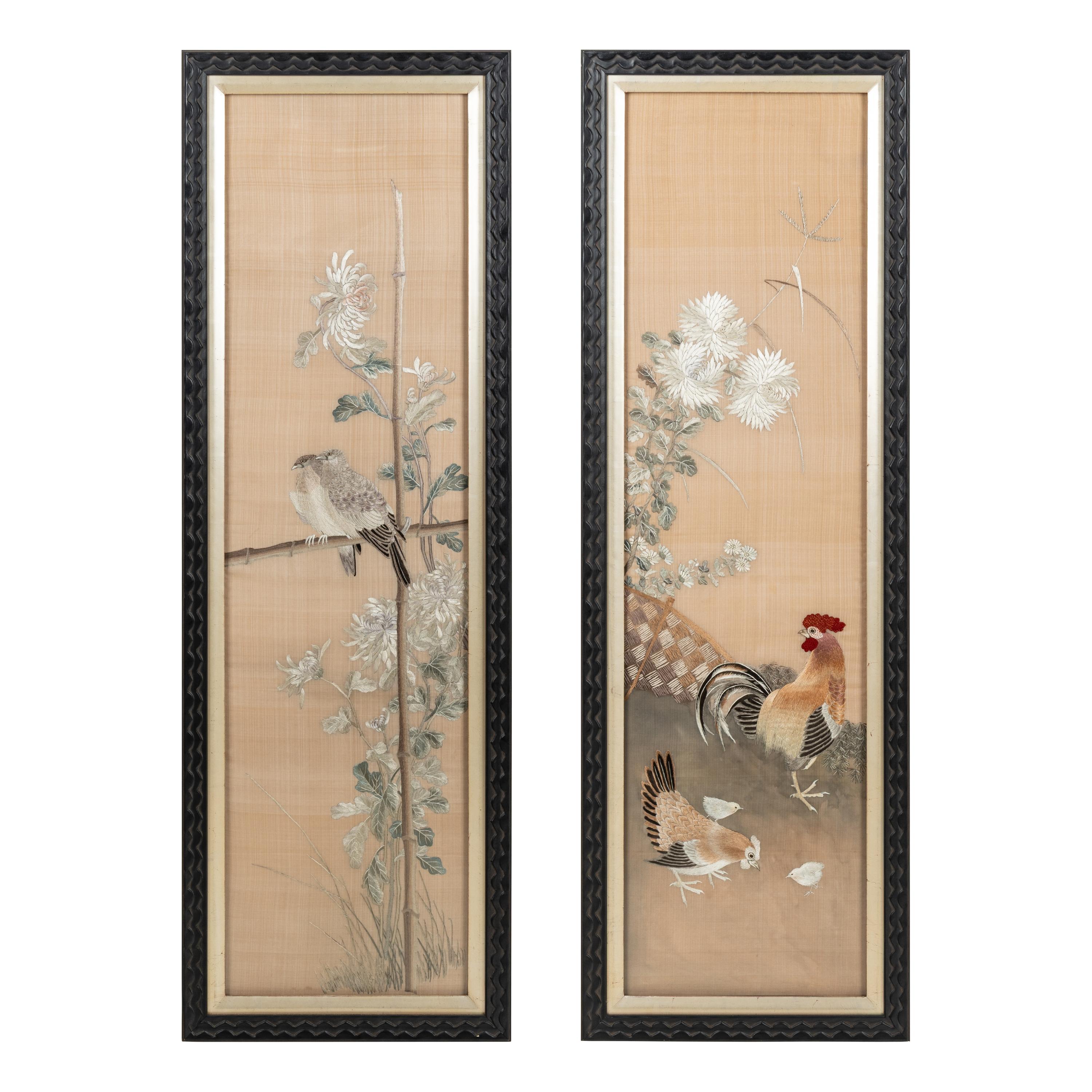A Pair of Chinese Embroidered Silk Panels