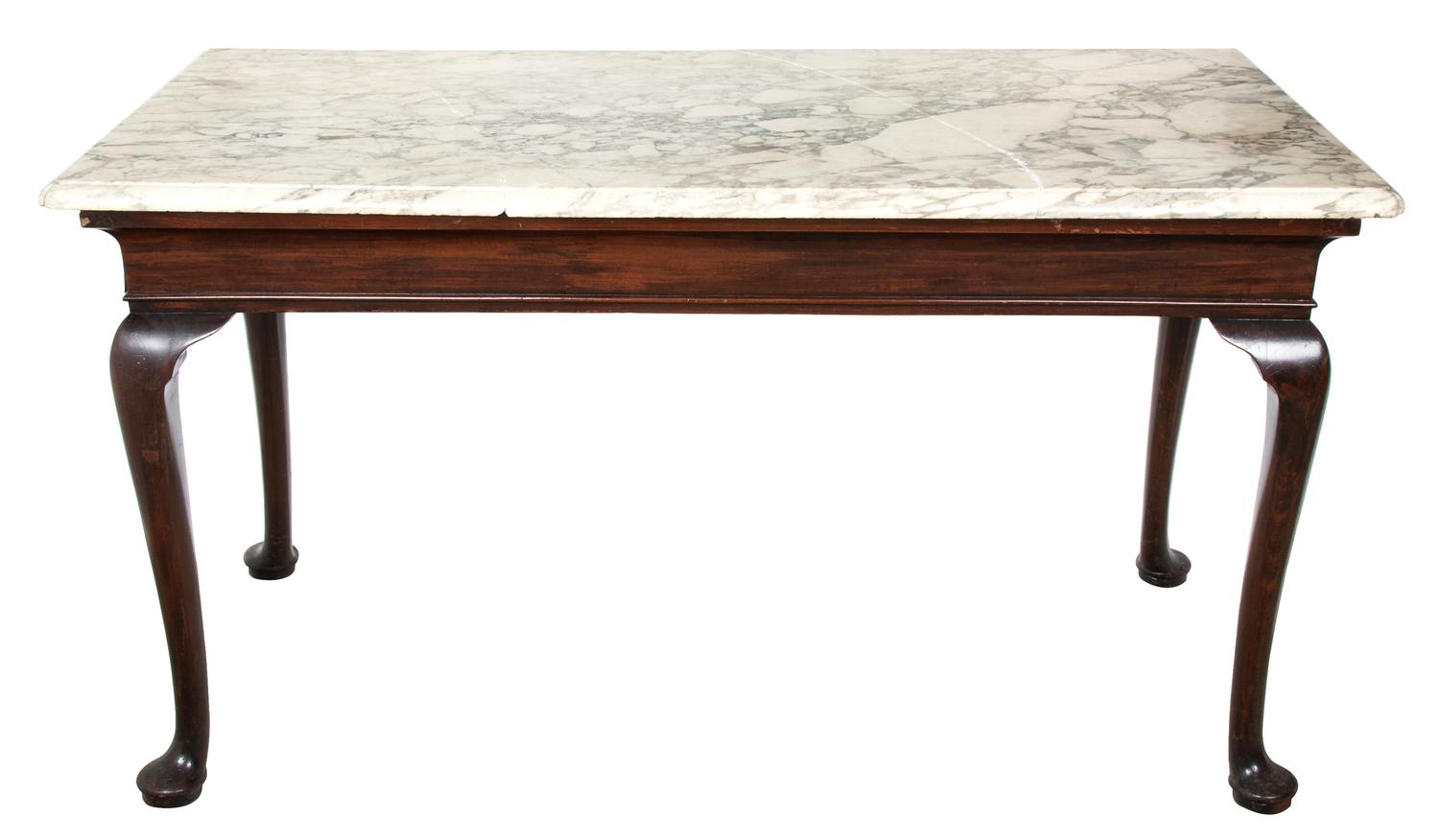 A George I Style Marble Top Mohogany Console Table Height 33 1/2 x width 60 x depth 28 inches. — 19TH CENTURY