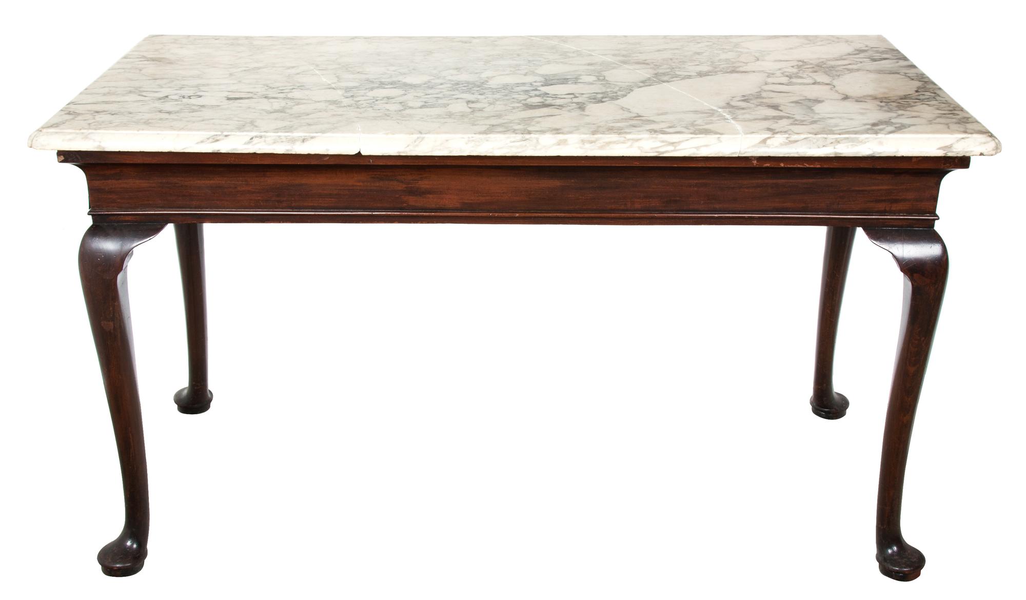 A George I Style Marble Top Mohogany Console Table Height 33 1/2 x width 60 x depth 28 inches. — 19TH CENTURY