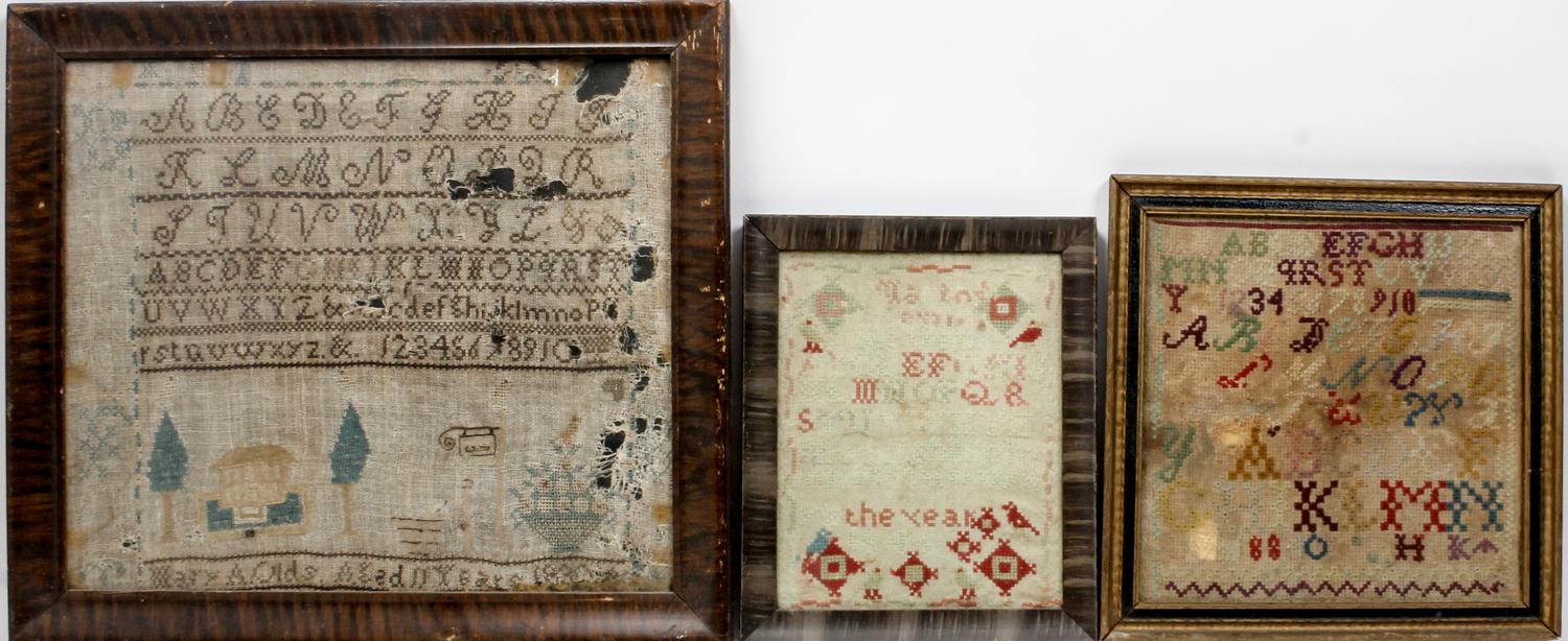 Three Victorian Needlework Samplers Height of largest 14 x width 15 inches. — FIRST HALF 19TH CENTURY