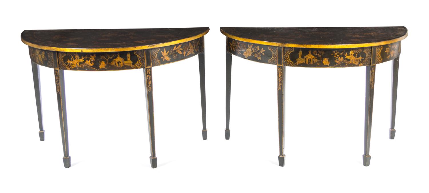 A Pair of Regency Lacquered Console Tables Height 30 1/2 x width 48 x depth 22 1/2 inches. — 19TH CENTURY WITH ALTERATION