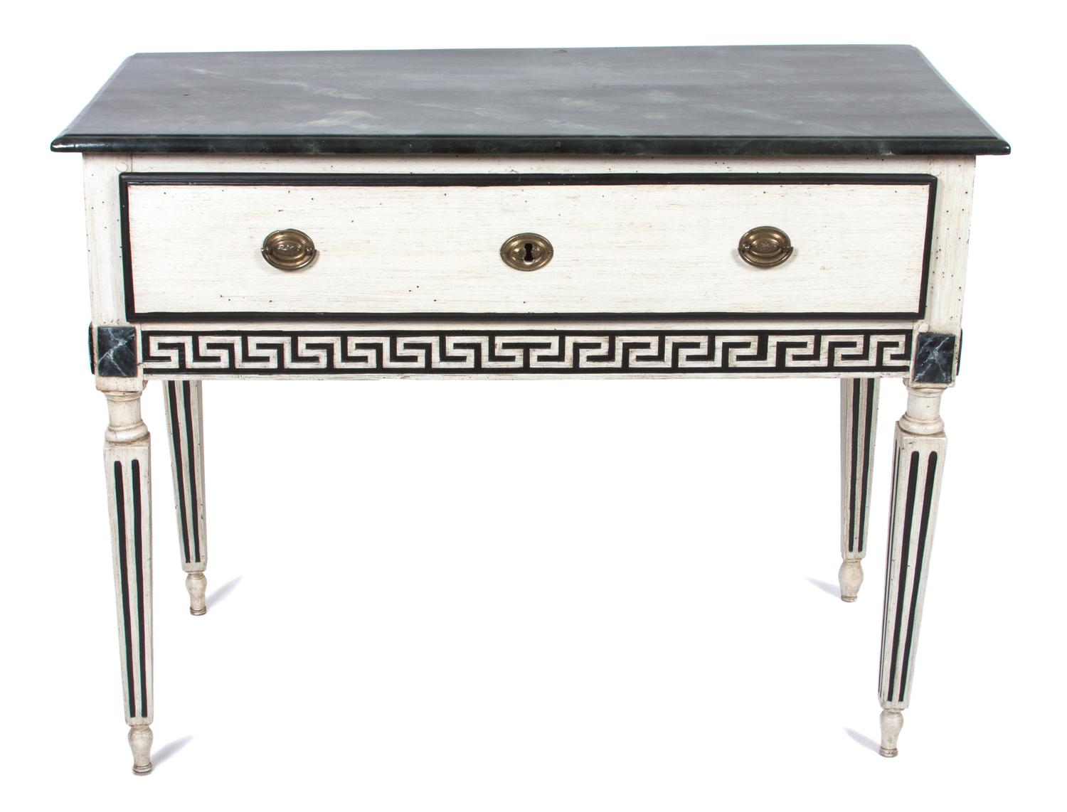A Neoclassical Painted Console Table Height 32 1/2 x width 42 1/2 x depth 21 inches. — 19TH CENTURY WITH LATER PAINT
