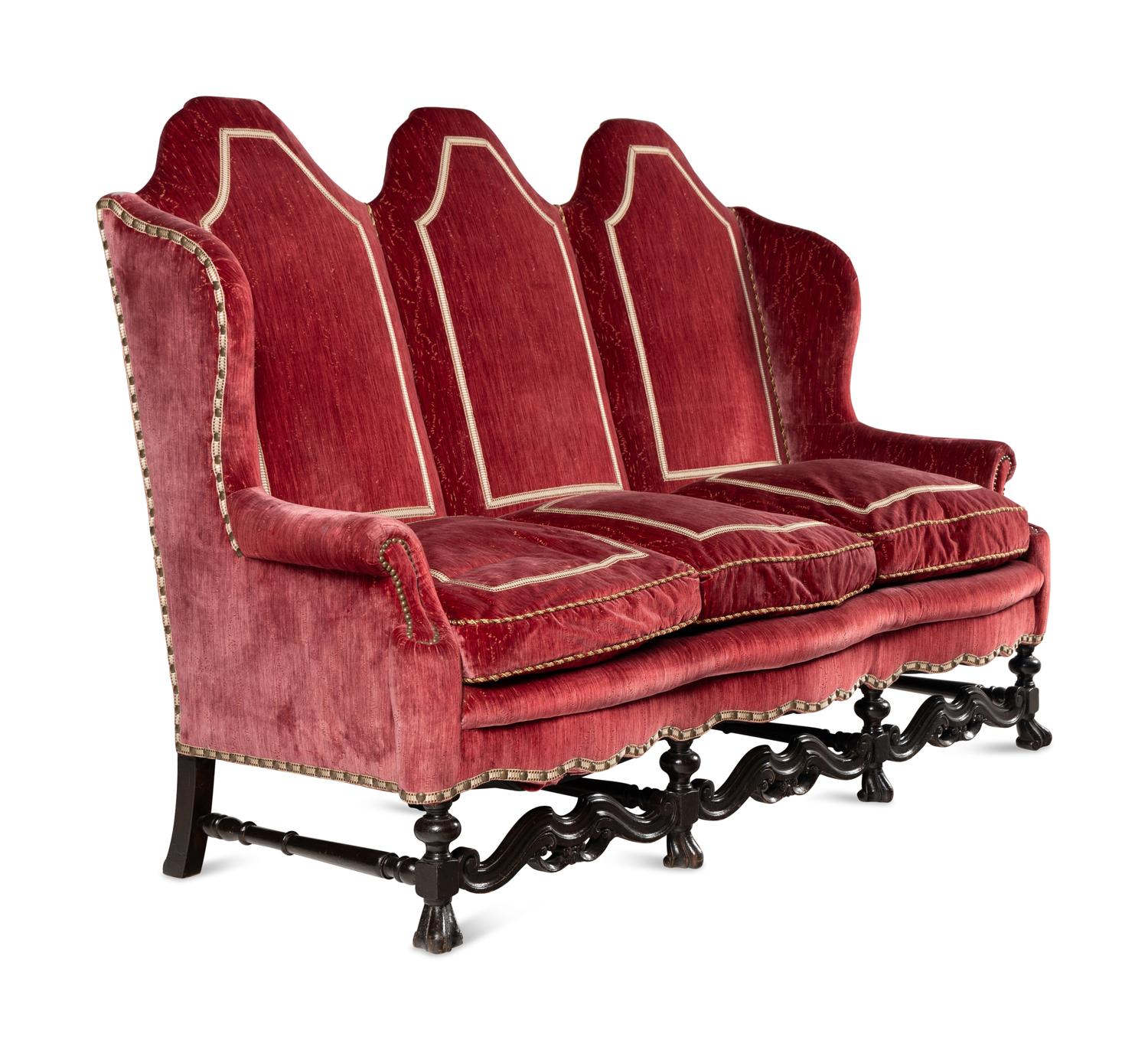 A William and Mary Style Beechwood and Oak, Velvet-Upholstered Three-Seat Sofa