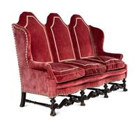 A William and Mary Style Beechwood and Oak, Velvet-Upholstered Three-Seat Sofa