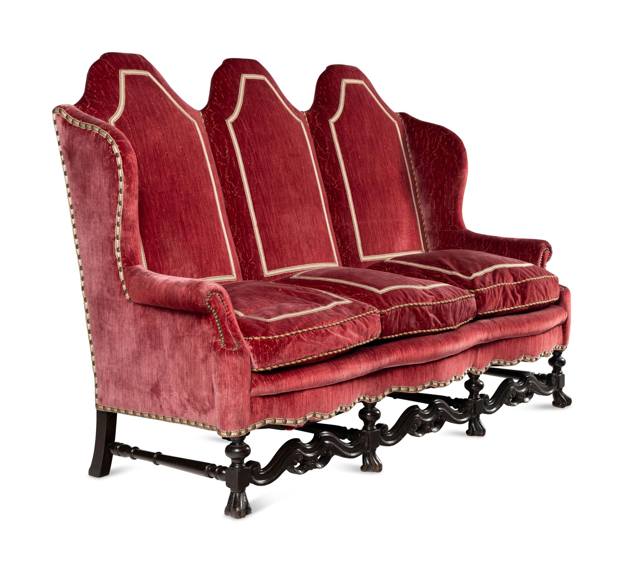 A William and Mary Style Beechwood and Oak, Velvet-Upholstered Three-Seat Sofa