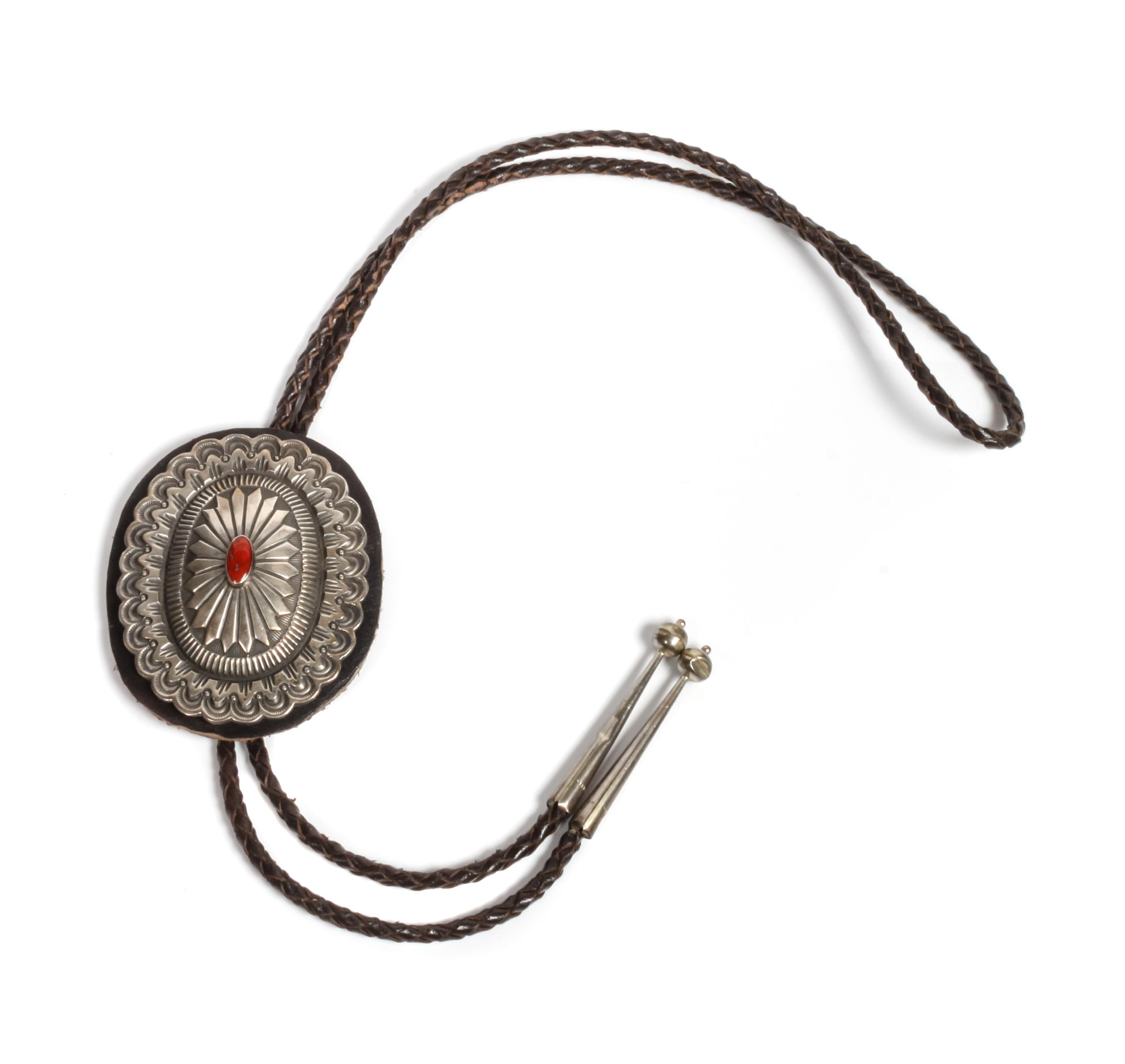 Southwestern Silver and Coral Bolo Height 3 x width 2 1/4 inches