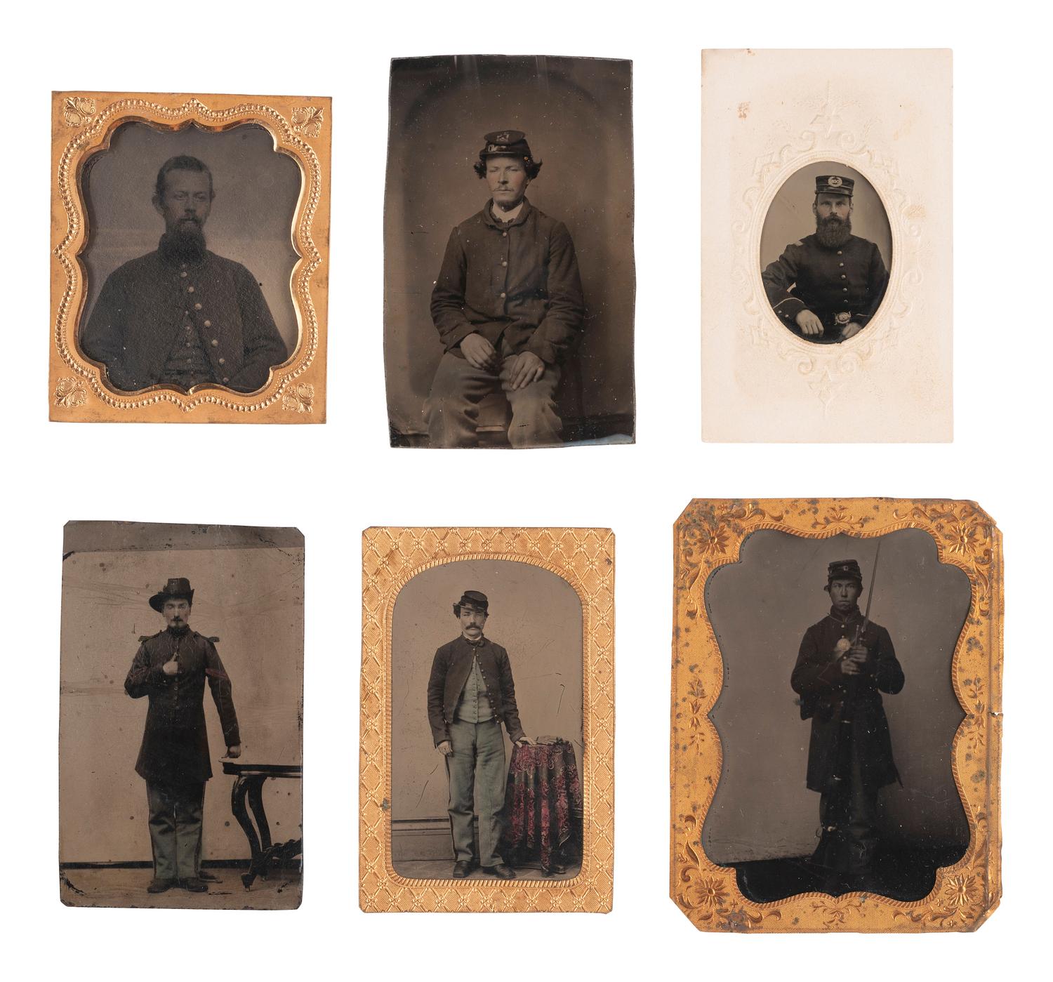 [CIVIL WAR]. 6 tintype portraits of men in uniform, mostly soldiers.