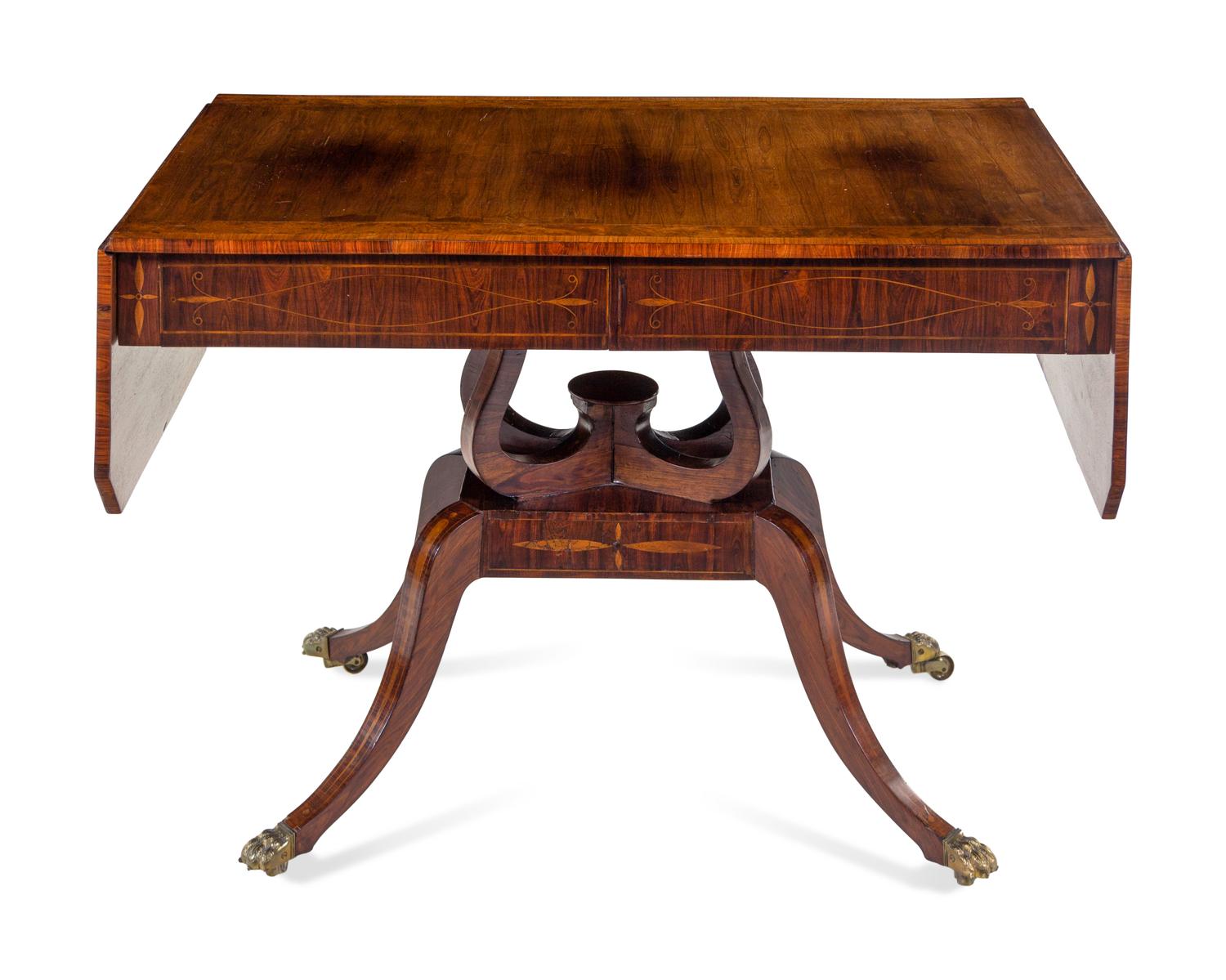 A Regency Brass Mounted, Burlwood Banded and Inlaid Rosewood Sofa Table