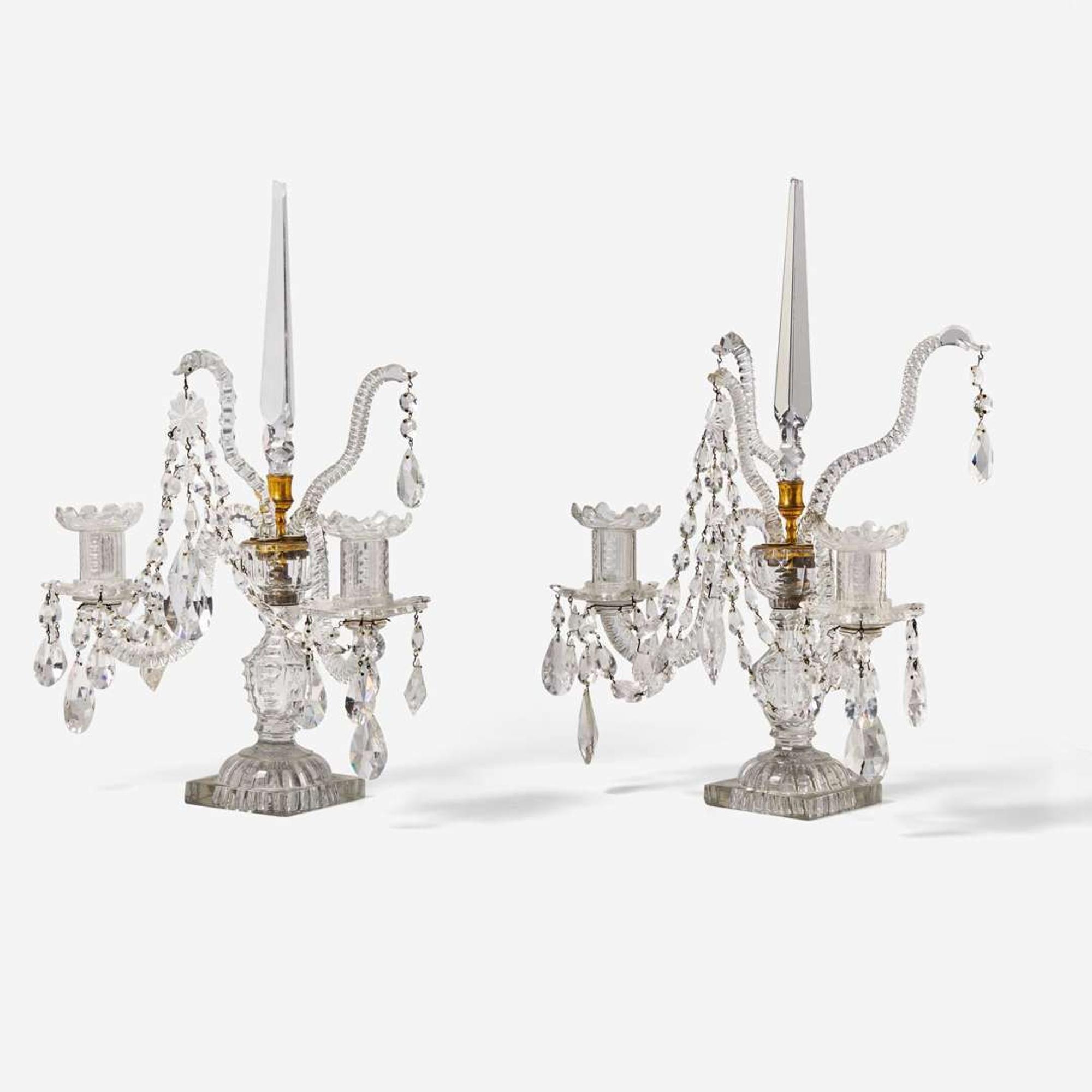 A pair of Georgian style cut-glass and brass two-light girandoles Edward F. Caldwell & Co. (active 1895-1959), New York, NY, early 20th century