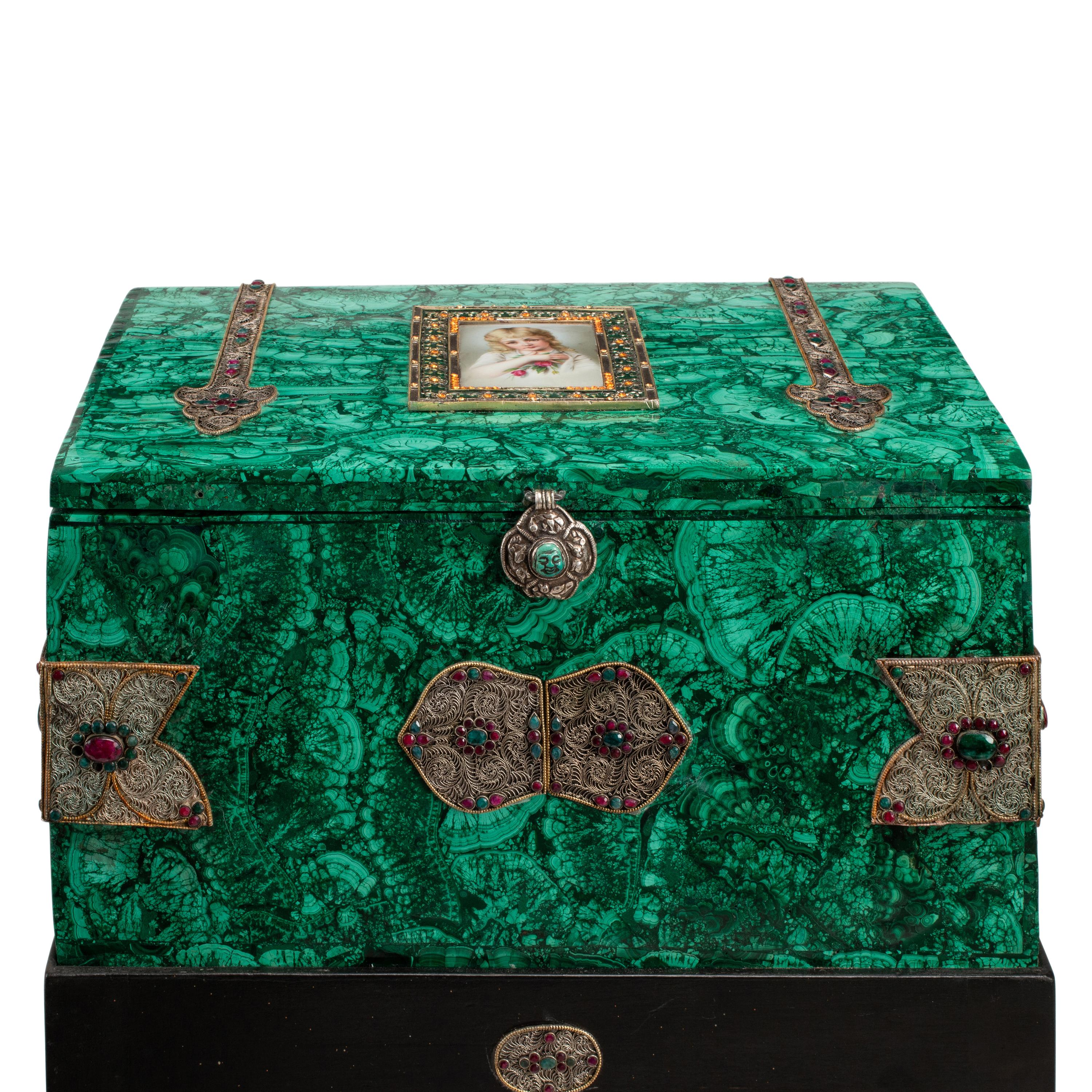 A Large Jeweled Malachite and Gilt Bronze Mounted Box on Stand