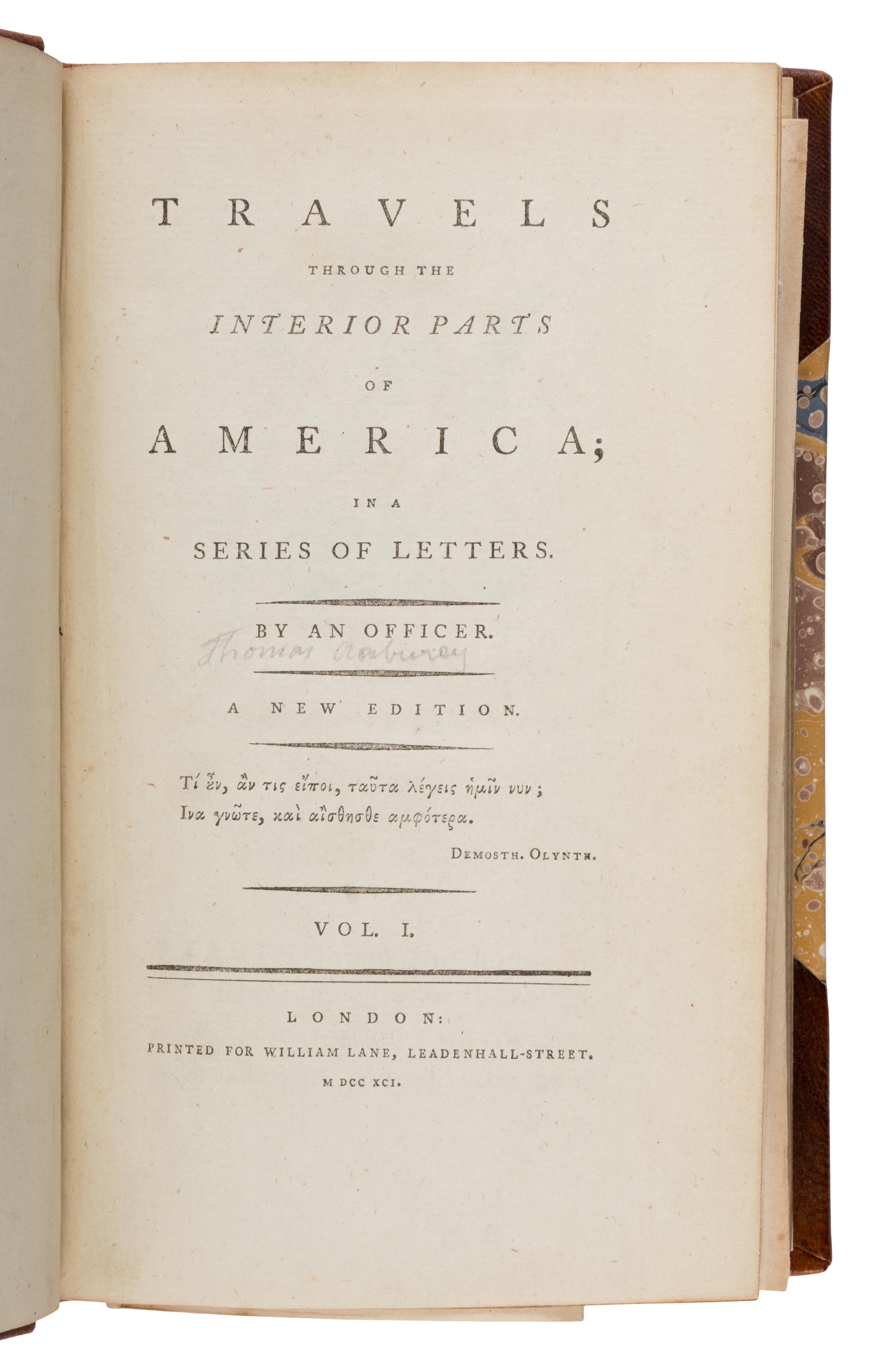 Anburey, Thomas (1759-1840). Travels Through the Interior Parts of America in a Series of Letters by an Officer. London: Printed for William Lane, 1791.