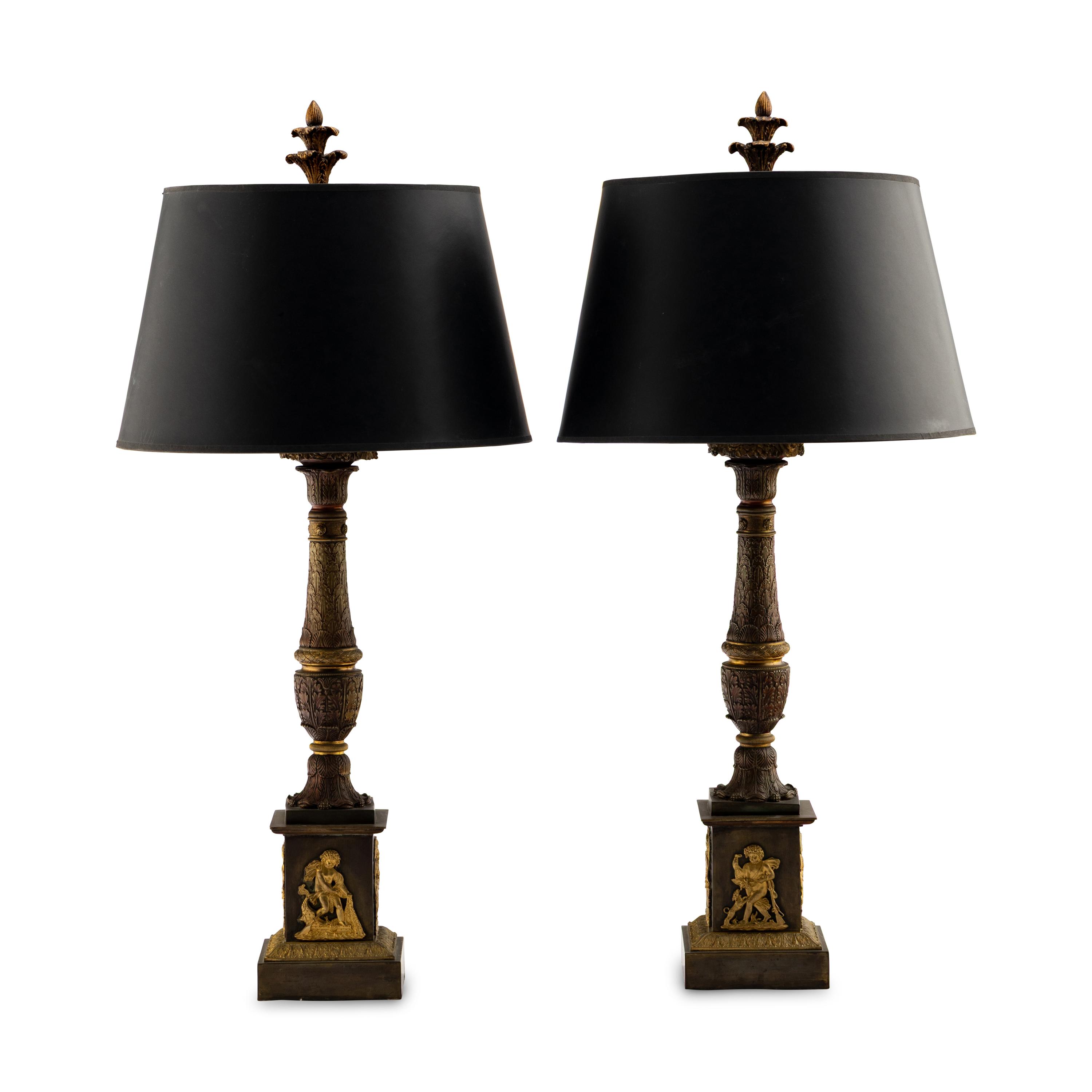 A Pair of French Parcel Gilt Bronze Columnar Lamps