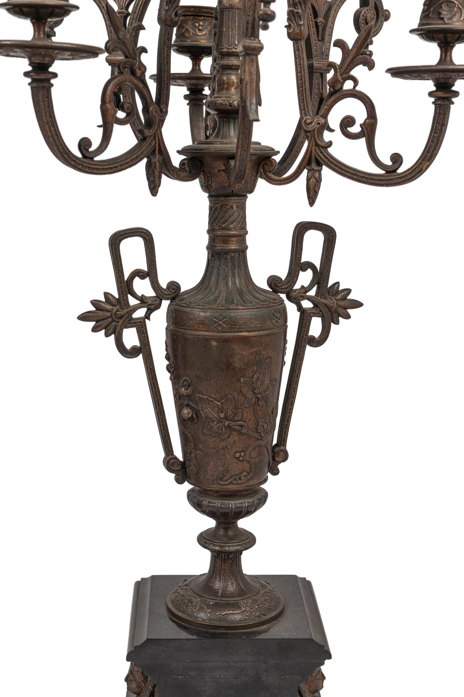 A Pair of French Bronze and Slate Six-Light Candelabra