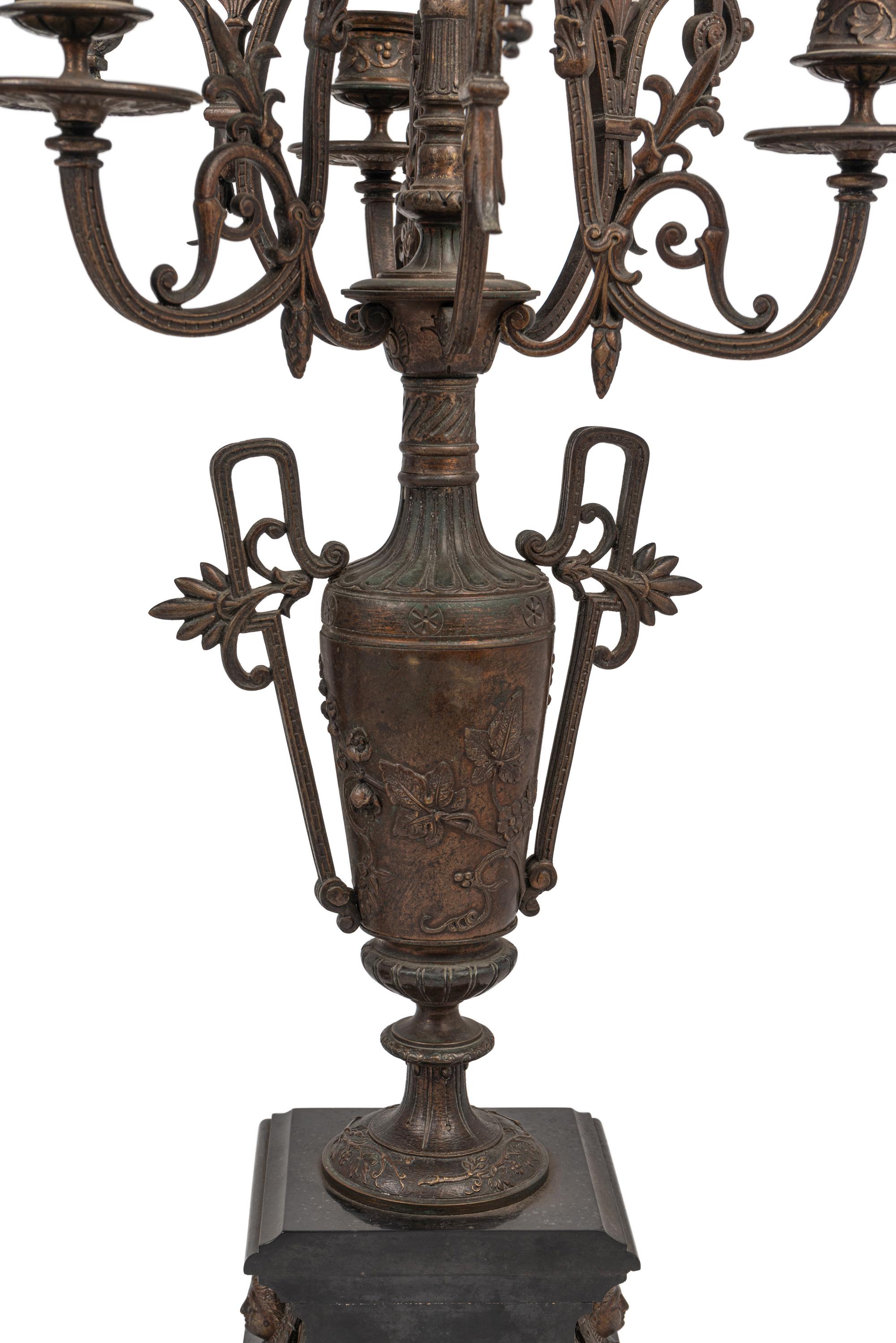 A Pair of French Bronze and Slate Six-Light Candelabra