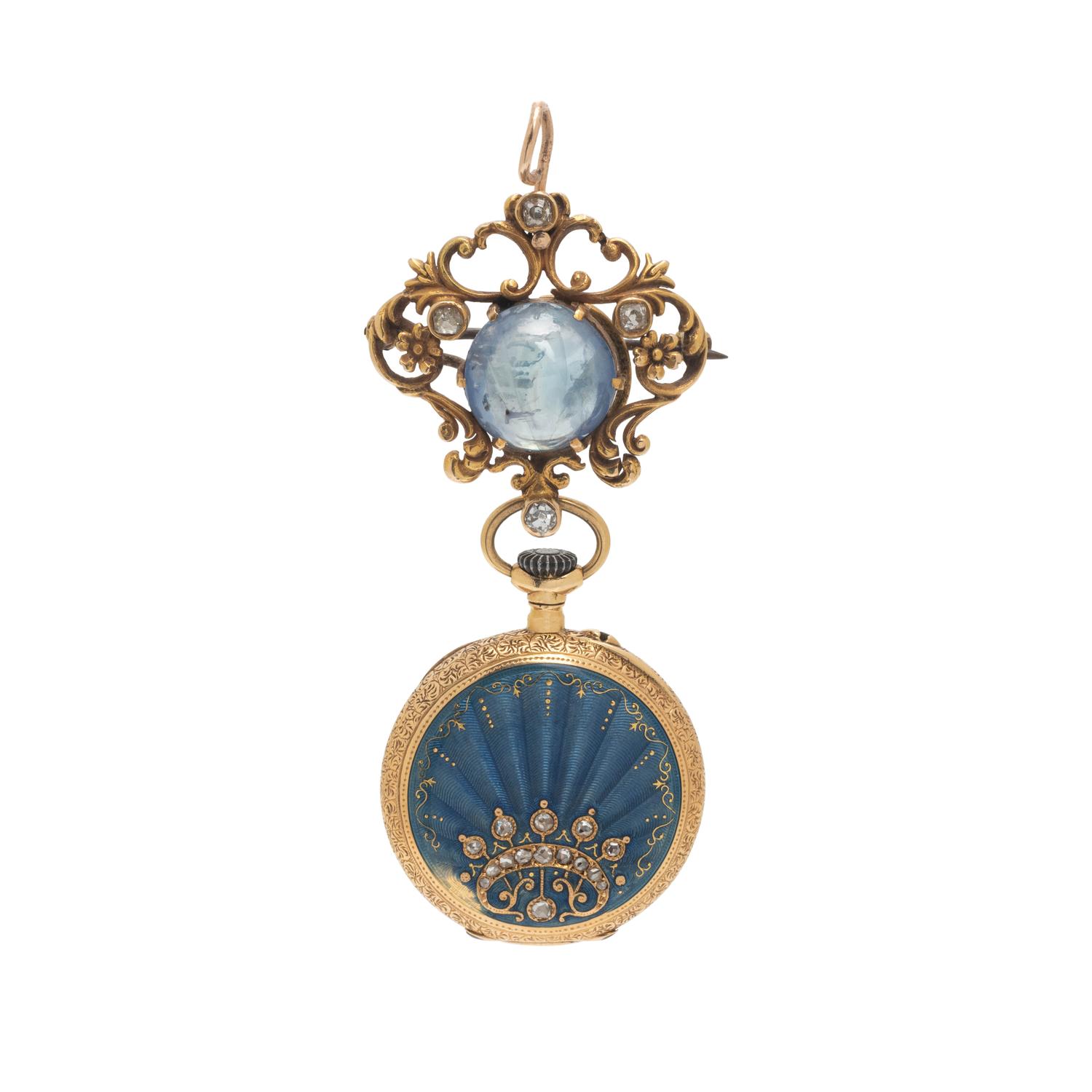 ANTIQUE, YELLOW GOLD, SAPPHIRE, DIAMOND AND ENAMEL OPEN FACE LAPEL WATCH
