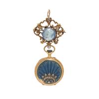 ANTIQUE, YELLOW GOLD, SAPPHIRE, DIAMOND AND ENAMEL OPEN FACE LAPEL WATCH