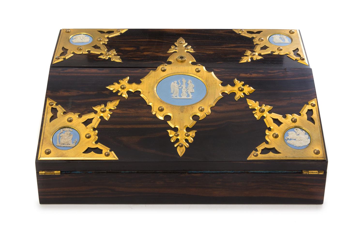 A J. Betjemann & Sons Wedgwood Inset and Brass Mounted Rosewood Writing Box Width 14 inches. — 19TH CENTURY