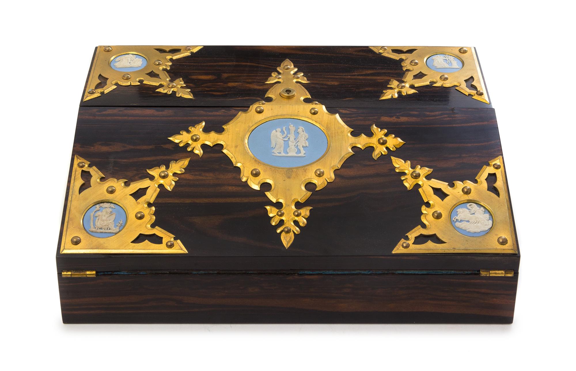 A J. Betjemann & Sons Wedgwood Inset and Brass Mounted Rosewood Writing Box Width 14 inches. — 19TH CENTURY