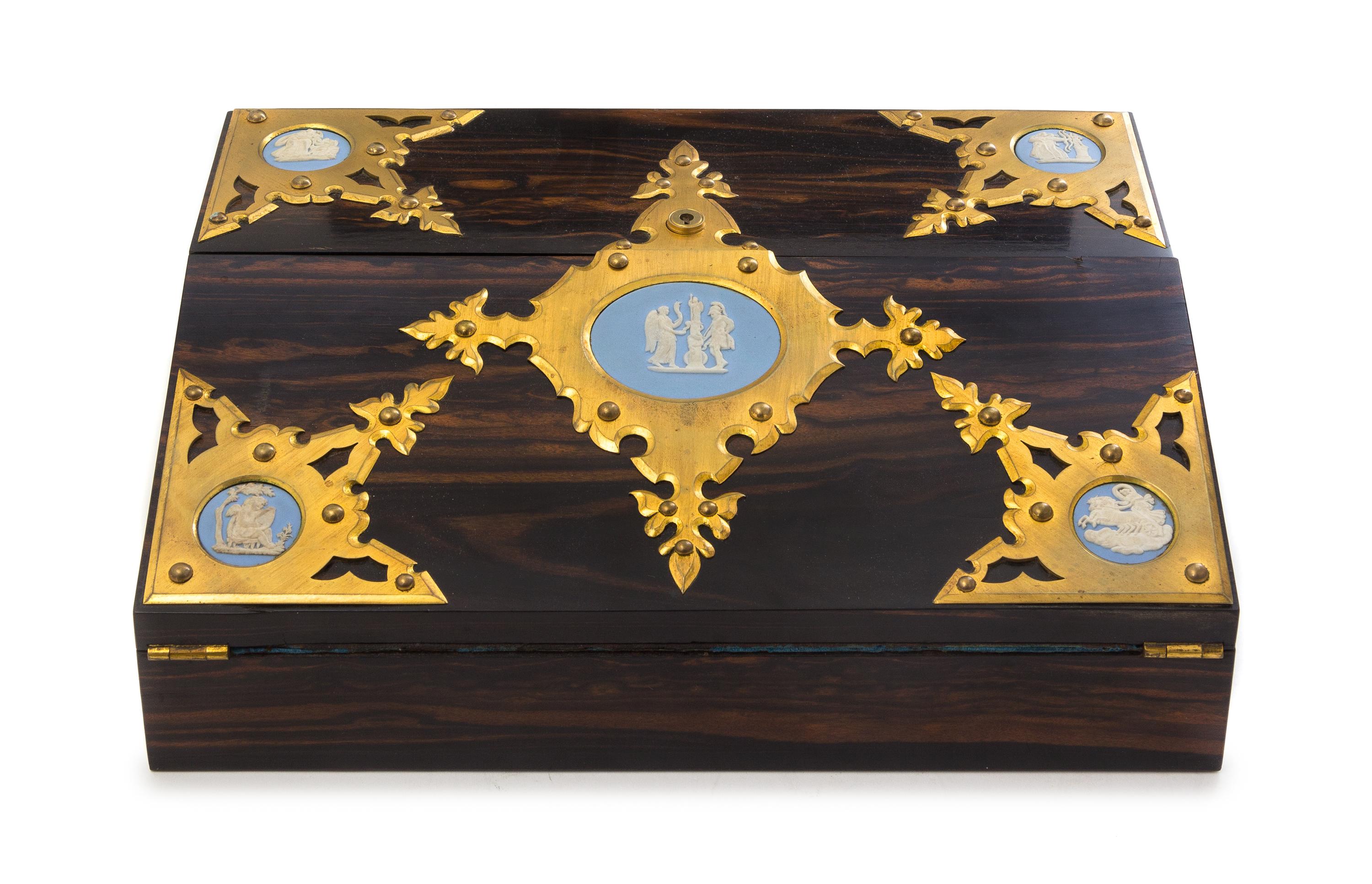 A J. Betjemann & Sons Wedgwood Inset and Brass Mounted Rosewood Writing Box Width 14 inches. — 19TH CENTURY