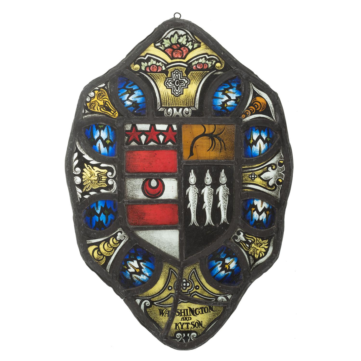 A Pair of Stained Glass 'Marital Alliance' Panels with Washington Family Coat of Arms