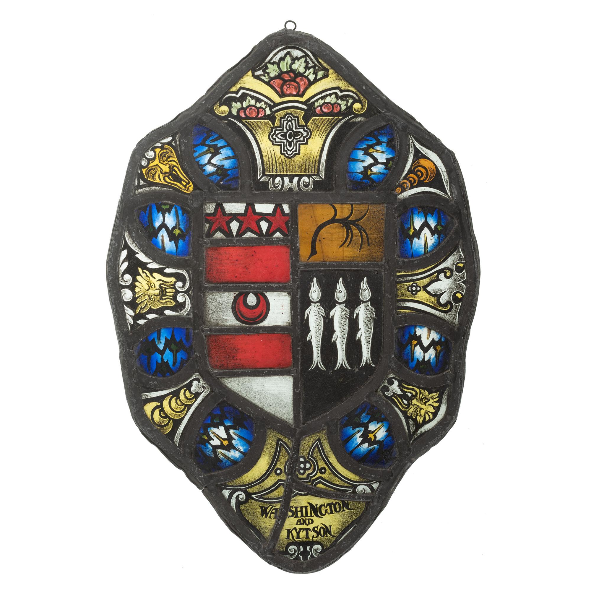 A Pair of Stained Glass 'Marital Alliance' Panels with Washington Family Coat of Arms
