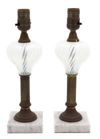 A Pair of American Swirled Glass and Brass Oil Lamps Height 13 inches. — 19TH CENTURY
