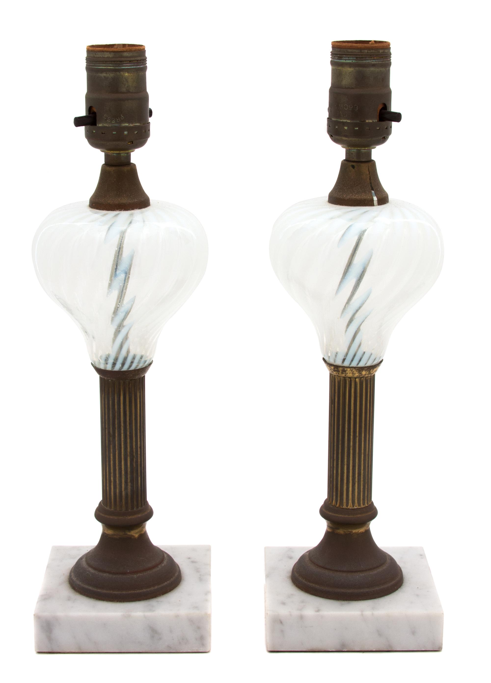 A Pair of American Swirled Glass and Brass Oil Lamps Height 13 inches. — 19TH CENTURY