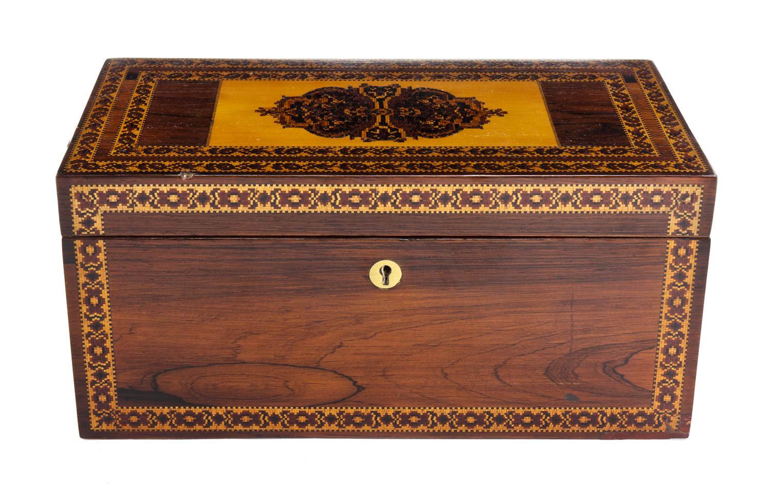 A Victorian Tunbridge Inlaid Rosewood Tea Caddy, Width 12 inches.