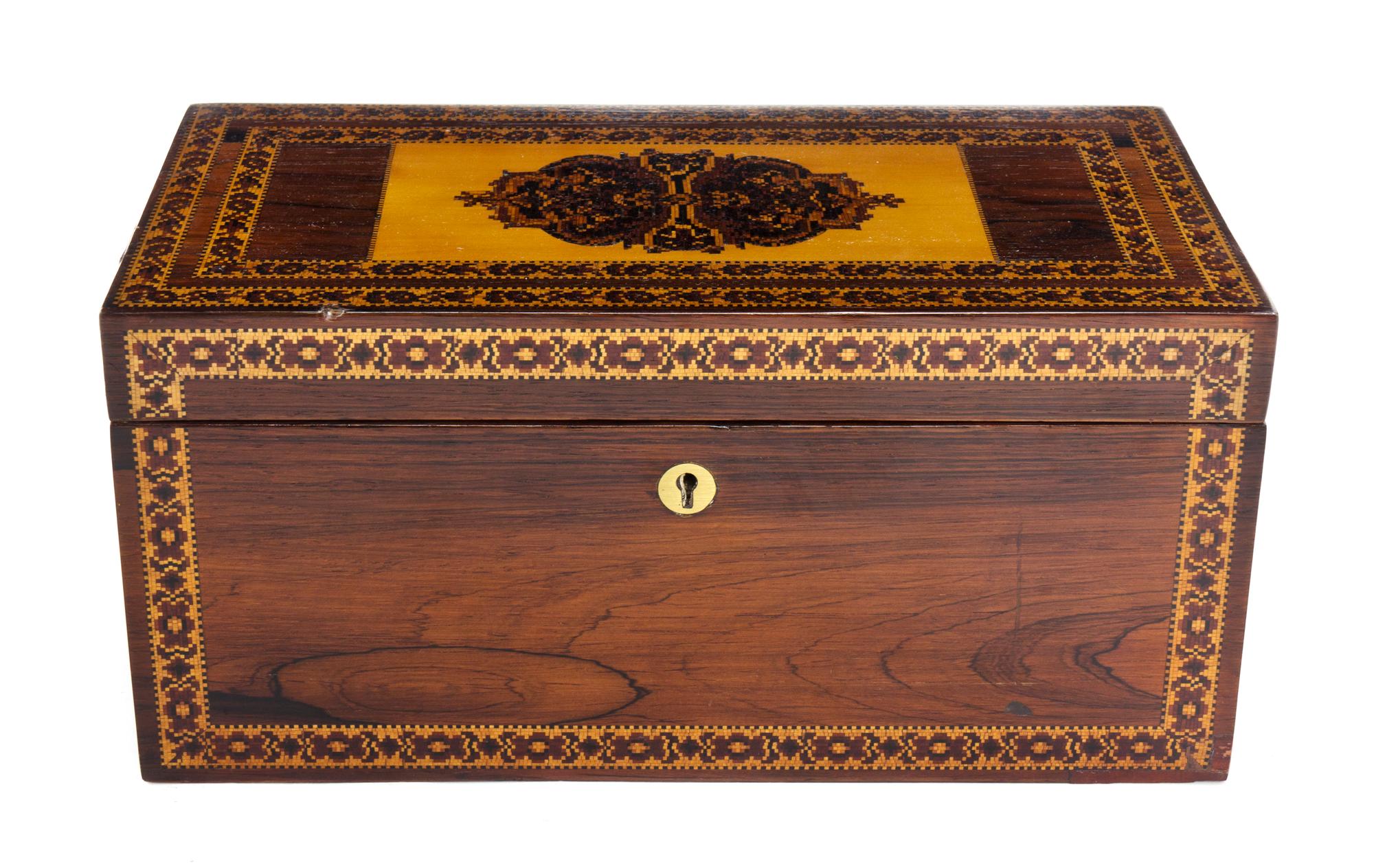 A Victorian Tunbridge Inlaid Rosewood Tea Caddy, Width 12 inches.