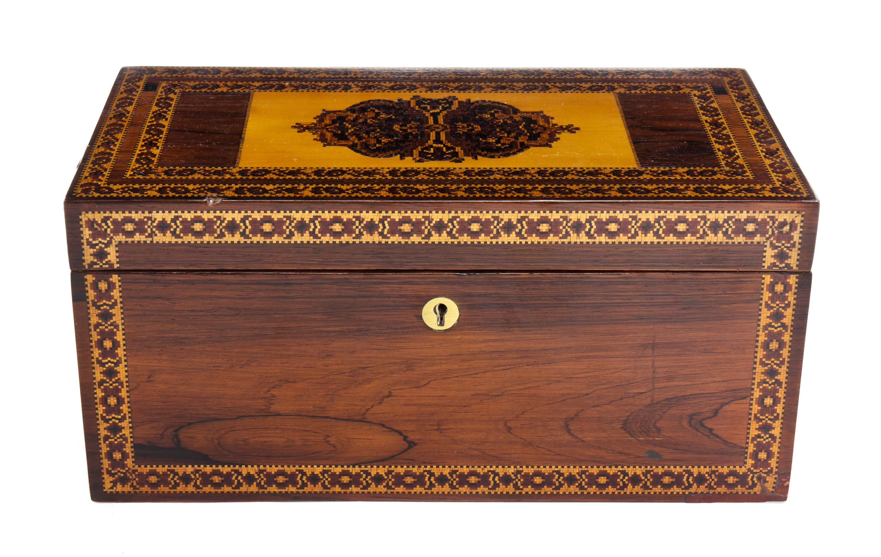 A Victorian Tunbridge Inlaid Rosewood Tea Caddy, Width 12 inches.