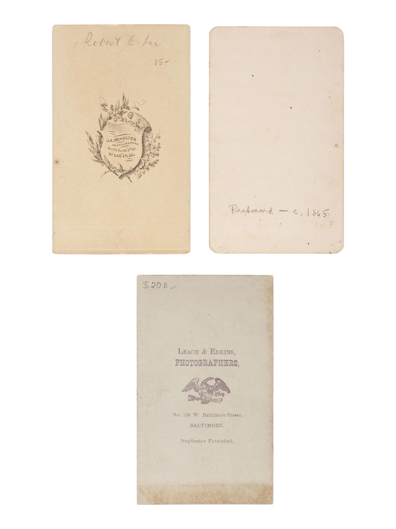 [LEE, Robert E. (1807-1870)]. A group of 5 CDVS, incl. full standing CDV "Blockade Portrait" of the CSA commander. [Richmond, VA]: [Vannerson], [1864].