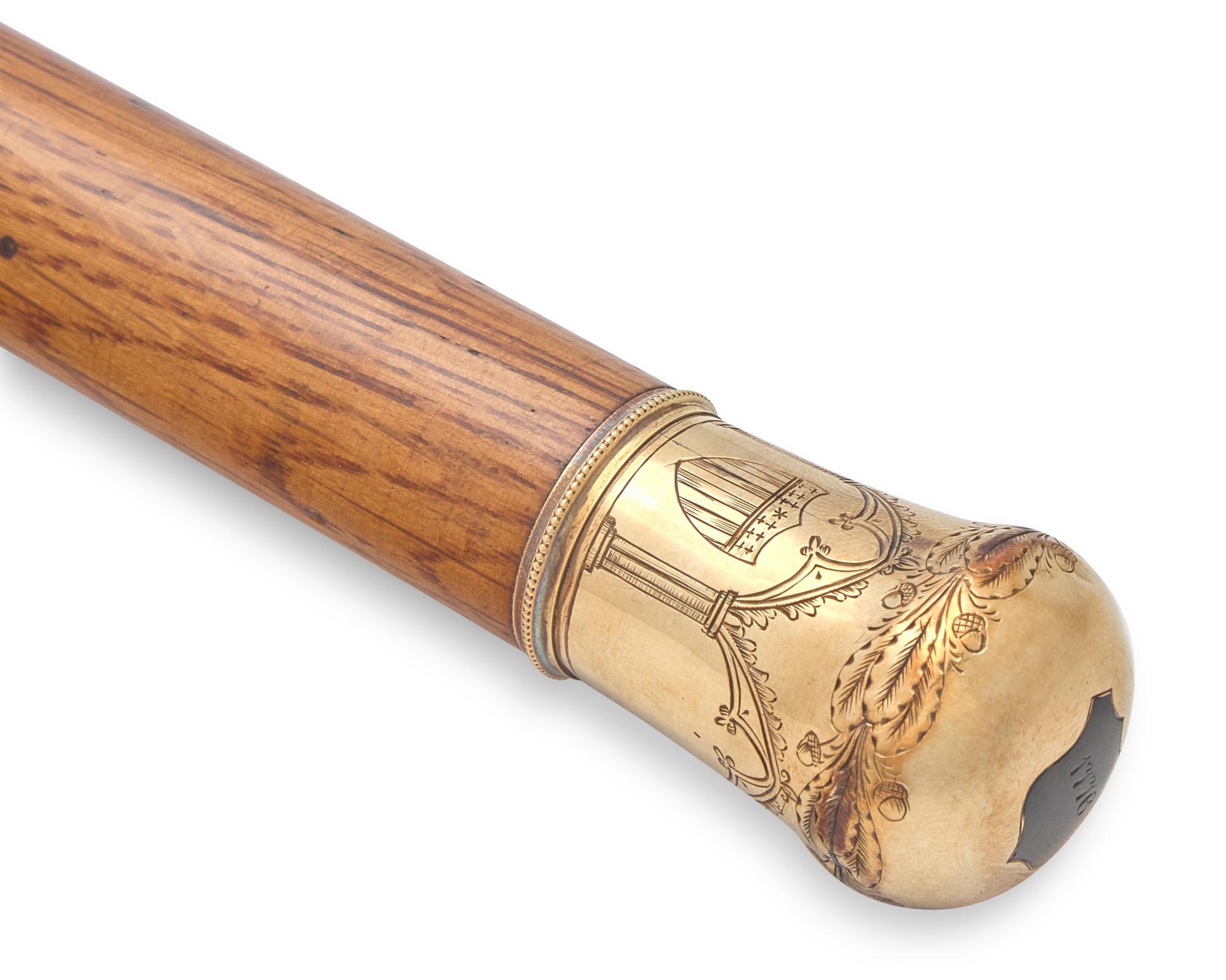 A Gold-Mounted Oak Cane / Walking Stick Made from a Wood Girder From Independence Hall, Philadelphia, PA, by Jacob W. Colladay, Dated "1854"
