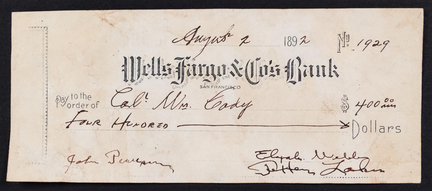 (BUFFALO BILL) CODY, WILLIAM. A check to William Cody for $400.00, August 2, 1929. With envelope w/orig. Buffalo Bill show stamp.