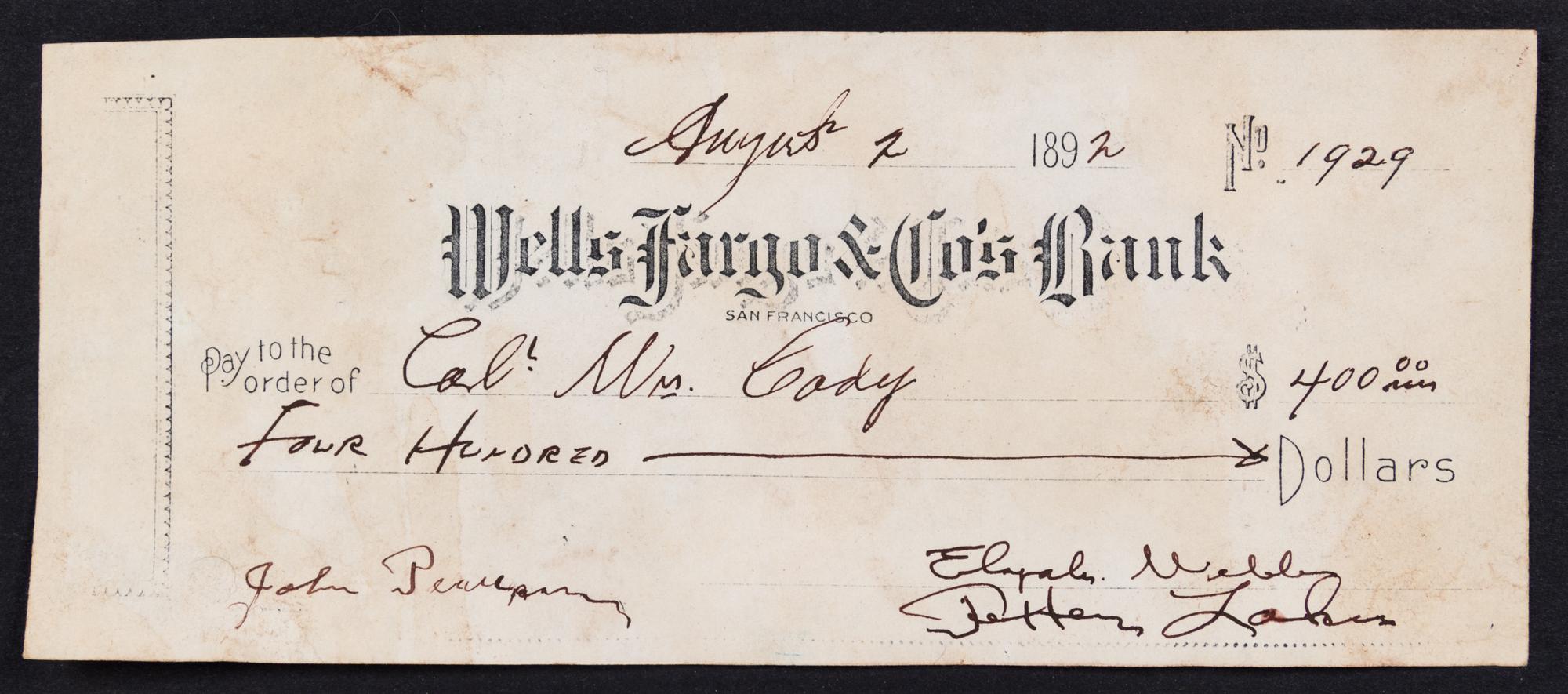 (BUFFALO BILL) CODY, WILLIAM. A check to William Cody for $400.00, August 2, 1929. With envelope w/orig. Buffalo Bill show stamp.