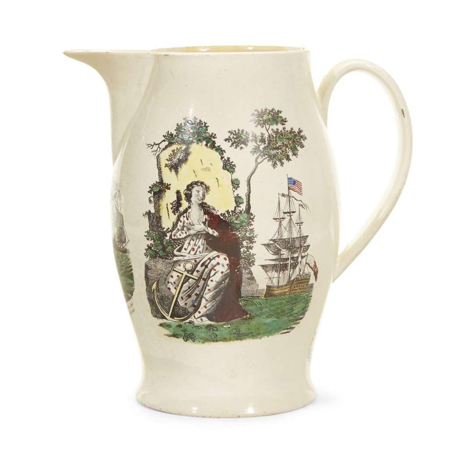Large transfer-decorated and polychrome enameled creamware presentation jug Liverpool, England, circa 1800
