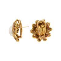 Cultured Pearl, Diamond, Ruby, and Yellow Gold Flower Earrings