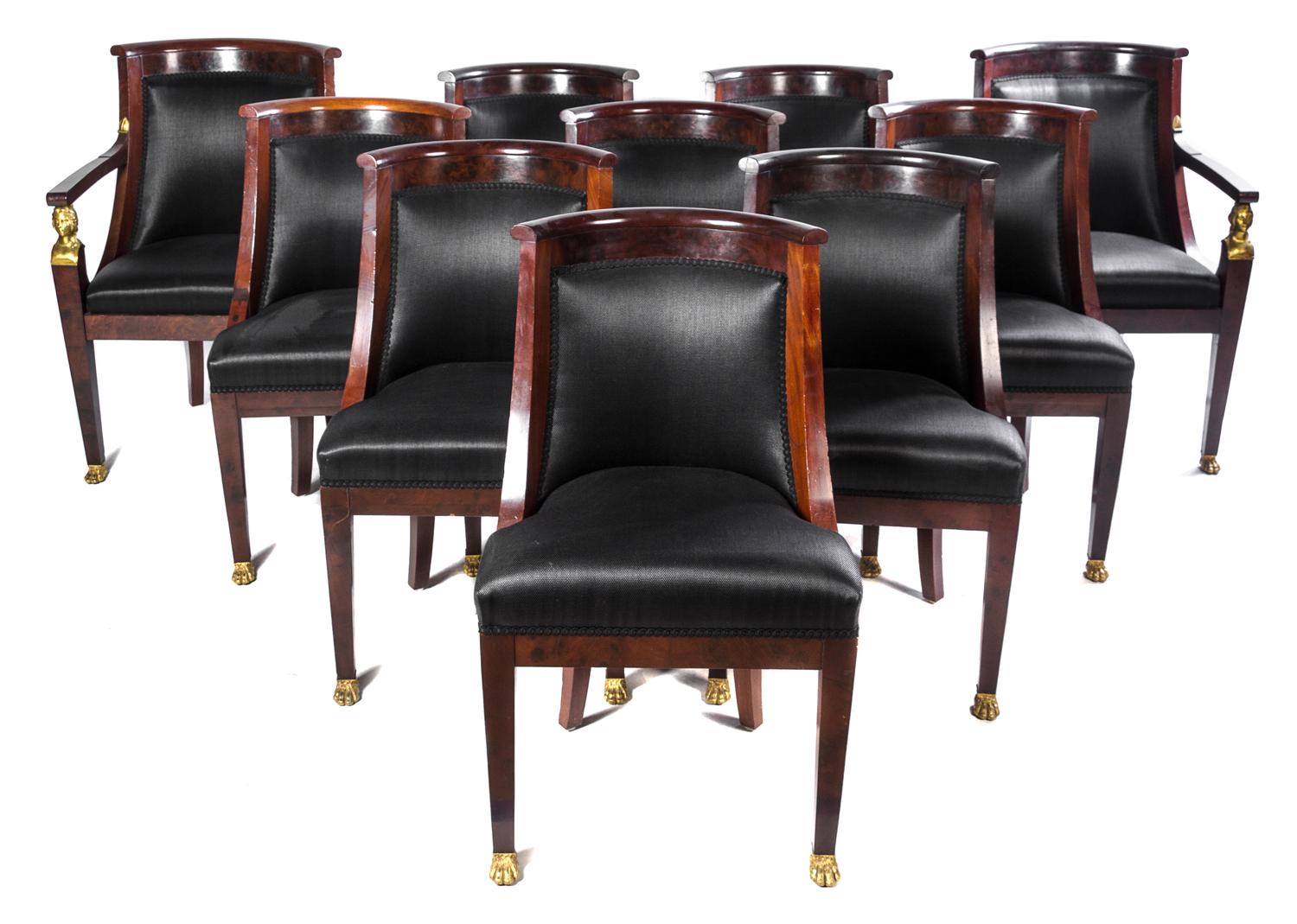 A Set of Ten Empire Style Gilt Bronze Mounted Mahogany Gondola Chairs Height 34 1/2 inches.