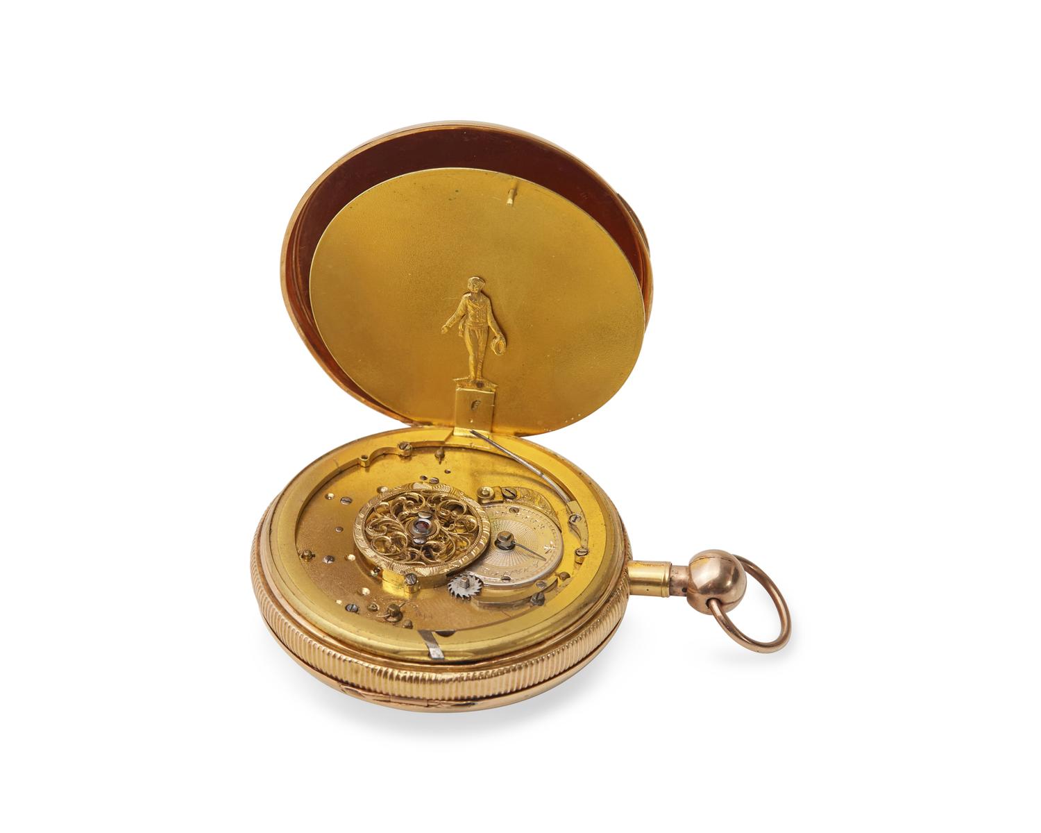 A Historic 18 Karat Tricolor Gold Open Face Jacquemart Automaton Quarter Repeater Pocket Watch Purportedly Owned by Marquis de Lafayette