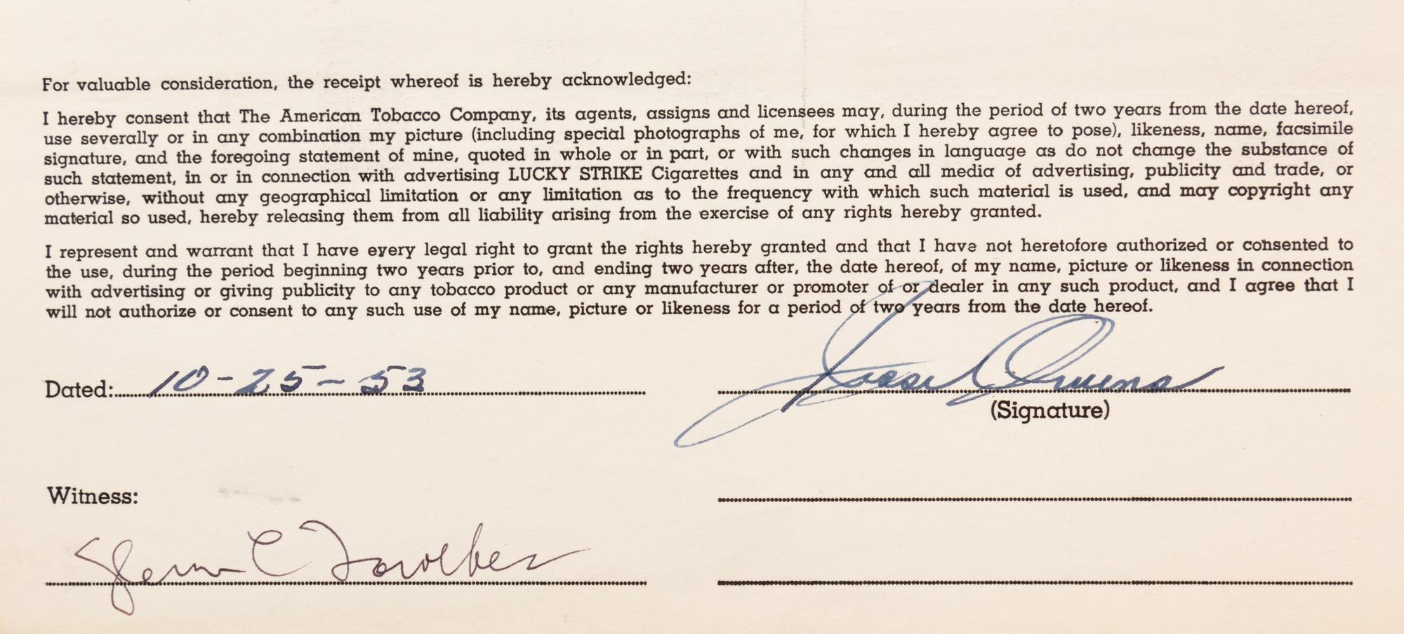 A 1953 Jesse Owens Signed American Tobacco Contract,