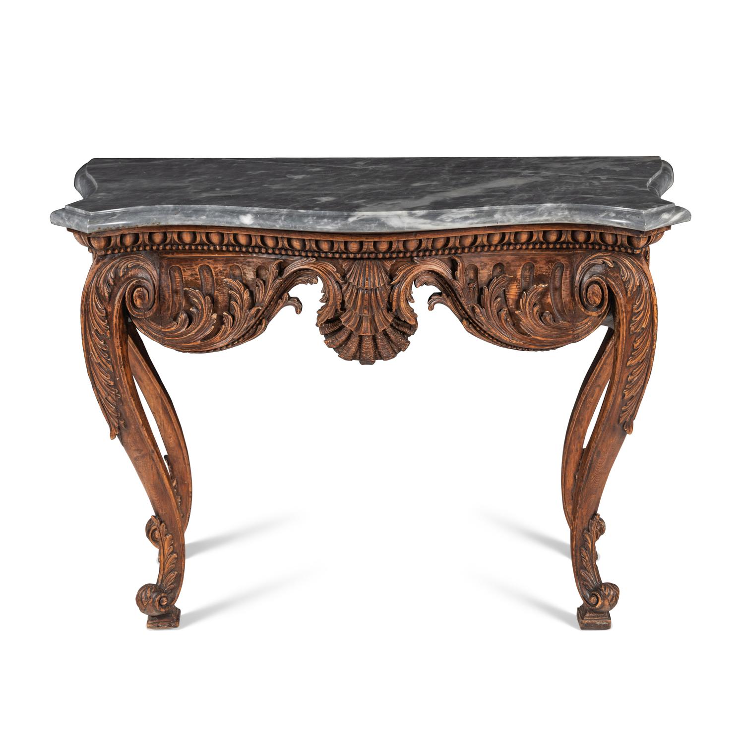 A Continental Carved Oak and Marble-Top Console Table