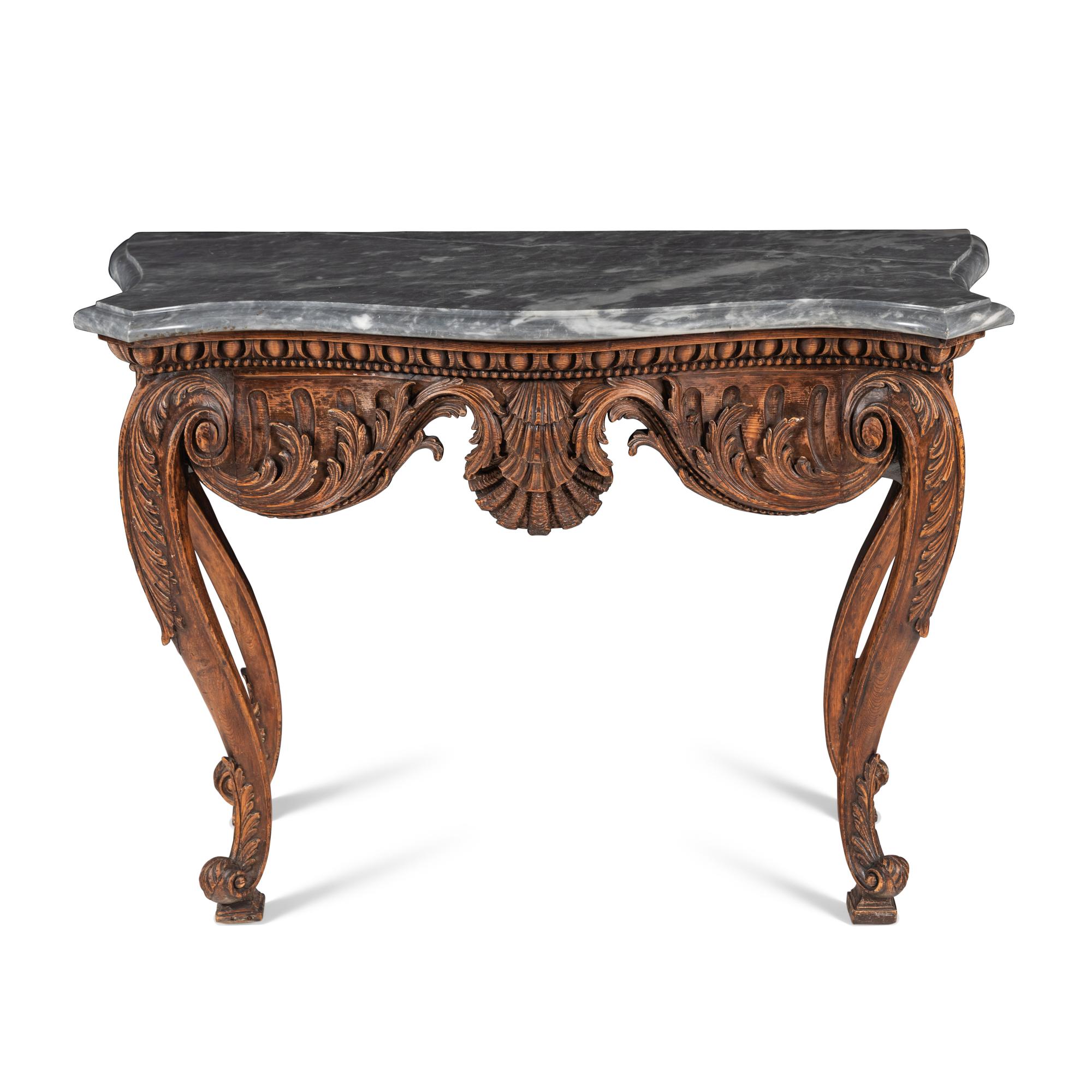 A Continental Carved Oak and Marble-Top Console Table