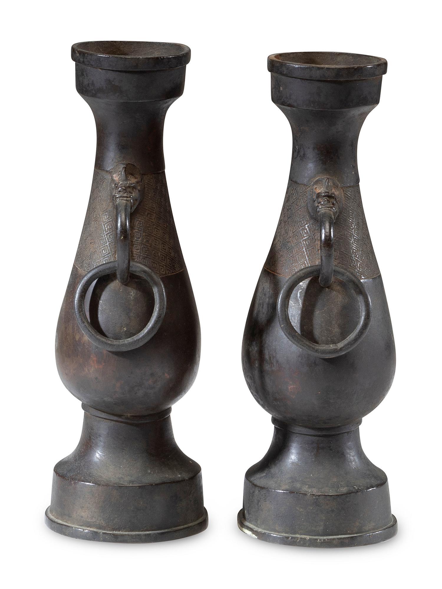 A Pair of Chinese Ming Style Bronze 'Mythical Beast' Handled Vases