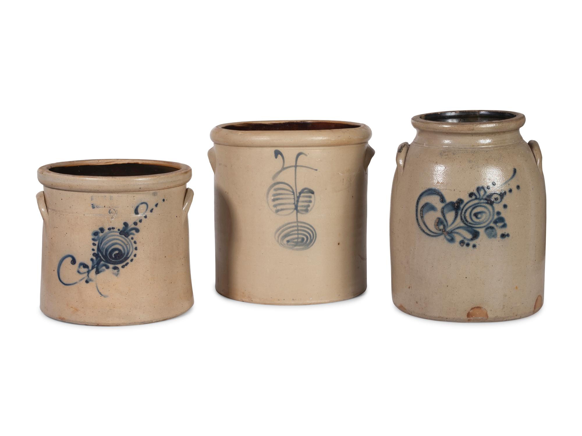 Three Cobalt-Decorated Stoneware Crocks