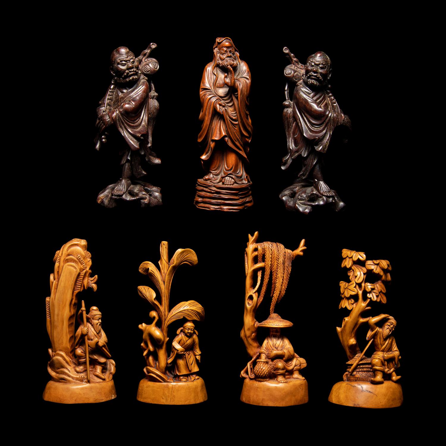 Seven Chinese Carved Hardwood Figures