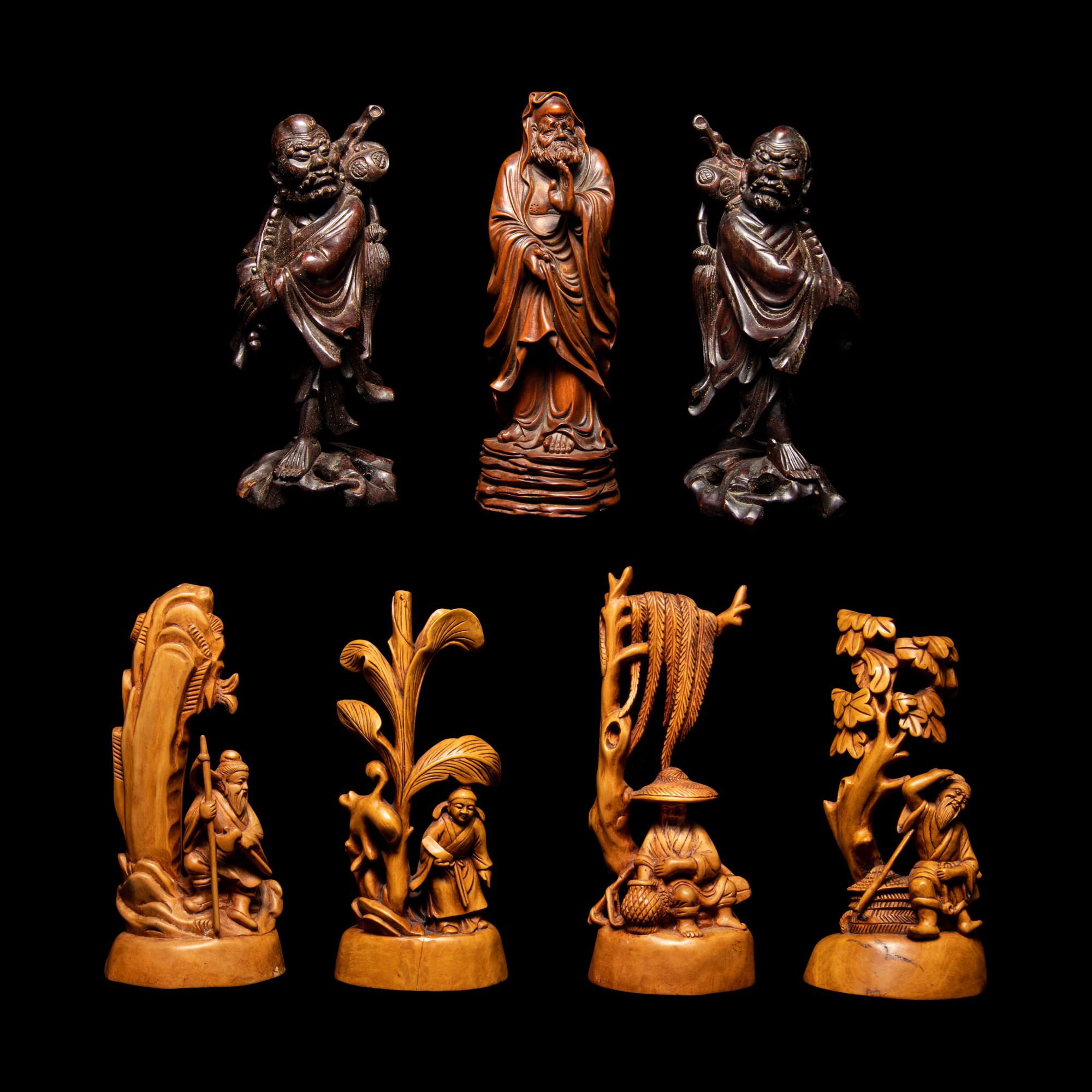 Seven Chinese Carved Hardwood Figures