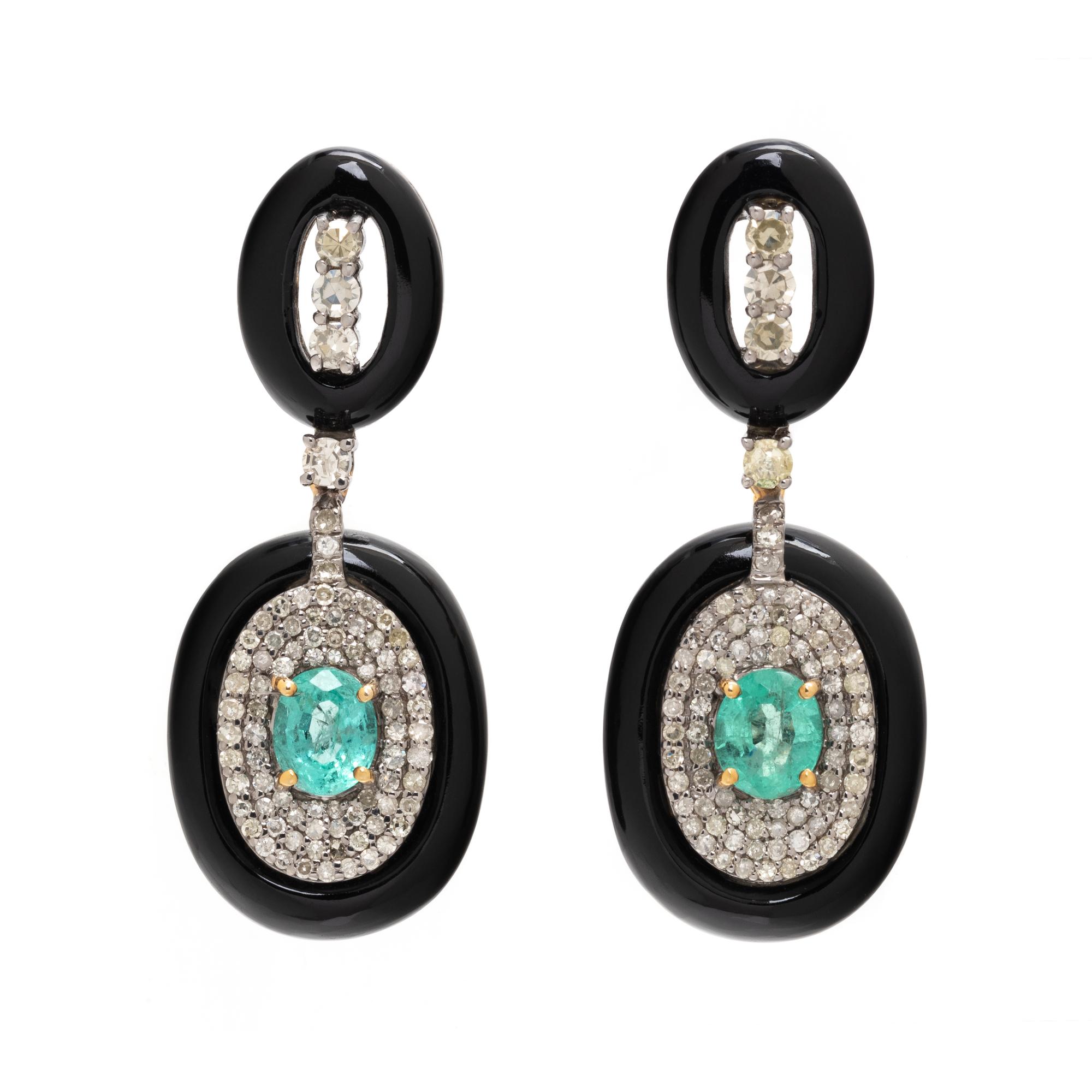 ONYX, EMERALD AND DIAMOND EARRINGS