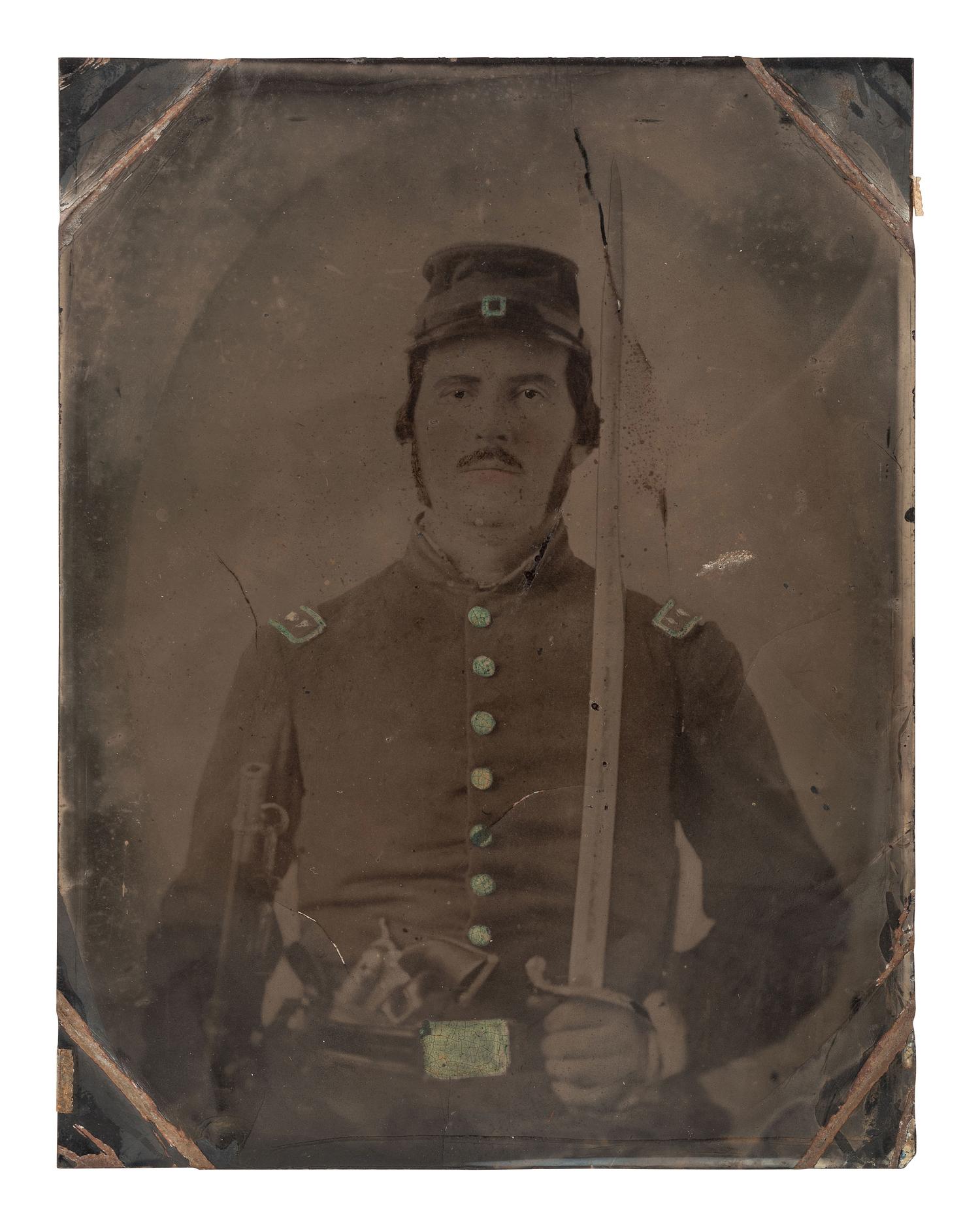 [CIVIL WAR]. 2 tintypes of soldiers, incl. possible musician with flag and drum in the background.