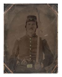 [CIVIL WAR]. 2 tintypes of soldiers, incl. possible musician with flag and drum in the background.