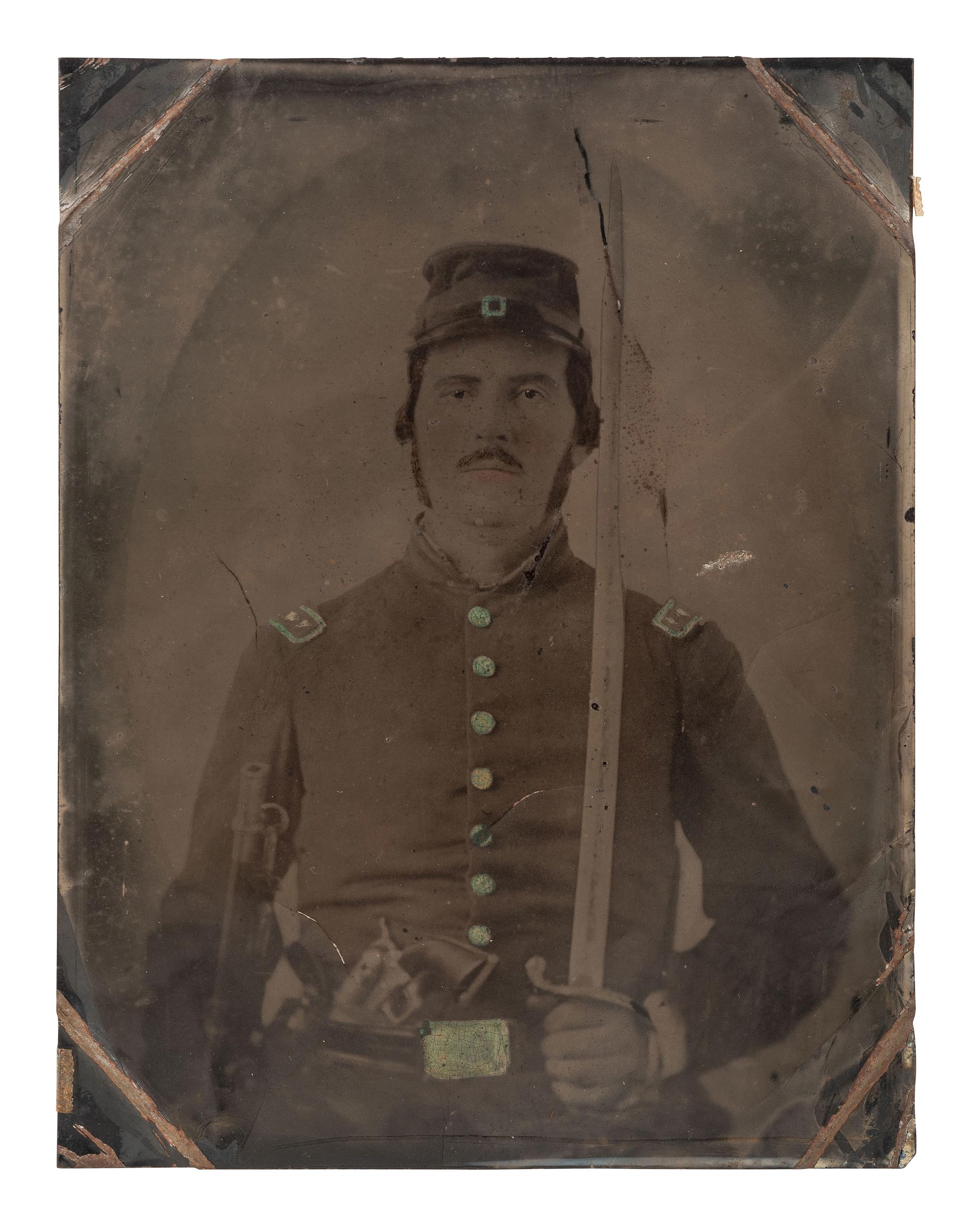 [CIVIL WAR]. 2 tintypes of soldiers, incl. possible musician with flag and drum in the background.