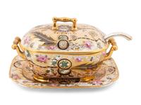 An English Porcelain Parcel-Gilt Sauce Tureen and Tray